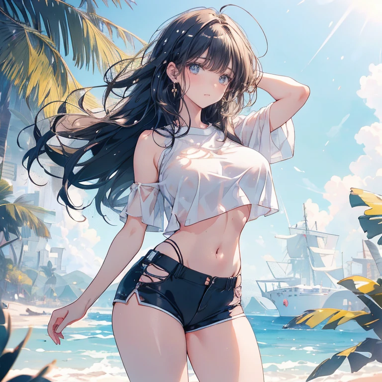 ((masterpiece, best quality, highres, UHD, perfect pixel, depth of field, 4k, RTX, HDR))), 1girl, single, solo, show off cleavage, beautiful girl, beautiful artstyle, ((long hair, bangs, brown hair, curly hair:0.8)), ((Detailed beautiful eyes, beautiful eyelashes, realistic eyes)), ((detailed face)), ((smooth texture:0.75, realistic texture:0.65, photorealistic:1.1)), large breasts, (((Wet Teka))), perfect body, ((cowboy shot, pov)), ((( Sheer sailor shirt, Sleeveless, Open front))), (((Navel ))), (((Sheer Micro Mini Skirt))), smile, poolside