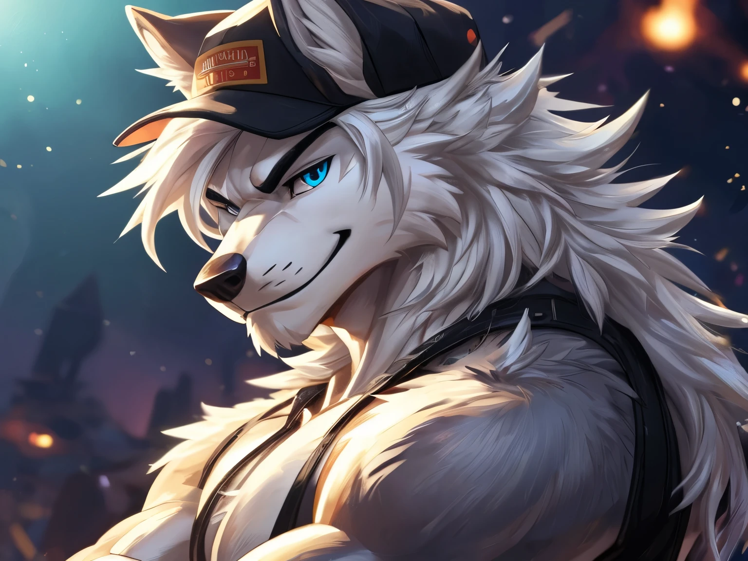 (arctic wolf), Anthropomorphic white wolf, solo, (Pure white face), (all white fur:1.5), (Collar), (Perfect blue eyes:1.4), （artist:Takemoto Arashi）, twitchemote, Mature face, elder, Clear facial details, glint, Side of the character, Look at the camera, longeyelashes, fang, seductive smile, Exposing the chest, licking lips, ((Show upper body)), ((bust)), Full body portrait, Tonalism, head out of frame, outside border, tachi-e, high details