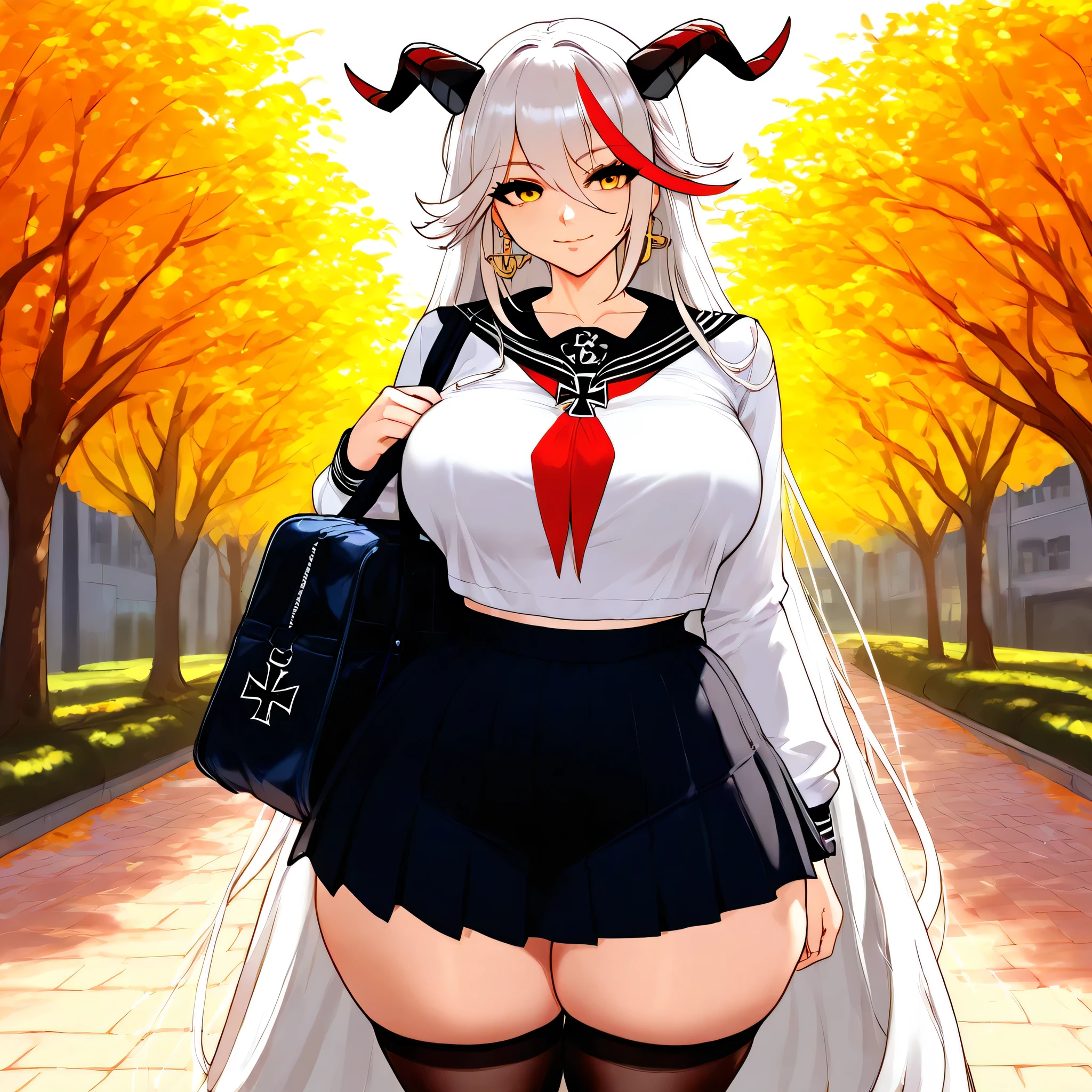 1girl, aegir /(azur lane/), white hair, long hair, red hair, multicoloured hair, streaked hair, large breasts, big breasts, yellow eyes, hair on horns, demon horns, silver hair, alternative costume, thicc thighs, curvy body, black skirt, pleated skirt, school uniform, knee socks, miniskirt, black serafuku, white shirt, bloom, high contrast, high saturation, bright colors, colorful, ambient oclusion, HBAO, detailed background, school bag, black stockings, outdoors, autumn, upper body, buildings, park, long sleeves iron cross, earrings, chocker, light smile, thick legs, wide legs, curvy body, :v,