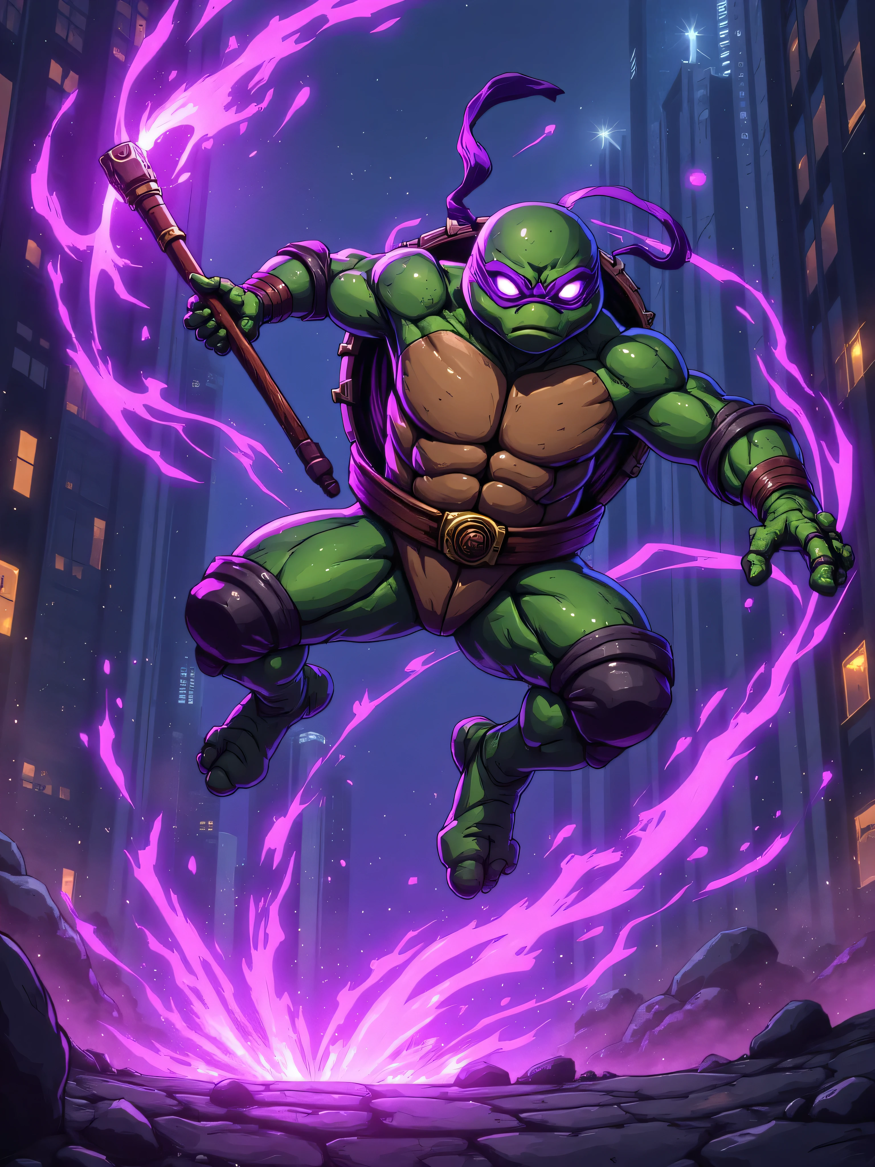 A muscular ninja turtle, but thinner , bouncing through the air in a powerful swivel kick. He holds his bo staff glowing with purple neon energy in one hand, as his mask flutters in the wind. His body is surrounded by threads of purple energy, creating a dynamic motion effect. The setting is a dark cyberpunk background, with neon shining and high-tech sparks in the air. The art style is cartoon stylized with soft shading and cinematic lighting