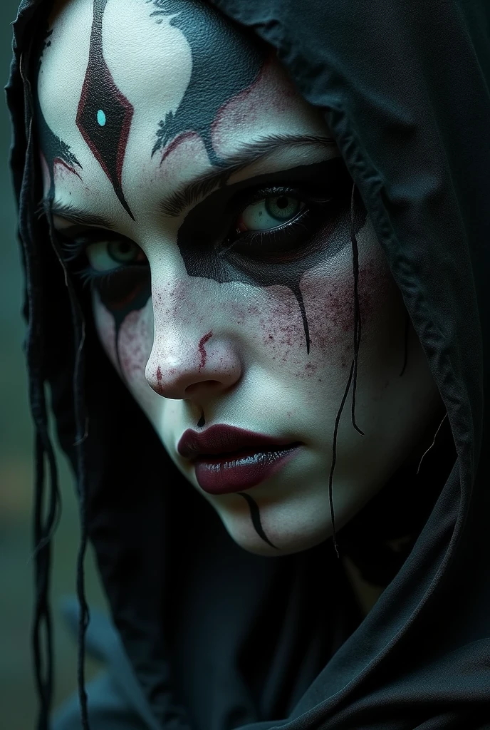 A highly detailed and hyper-realistic depiction of a dark, beast-like goddess with intricate facial scars... Close-up. The character is surrounded by fog, evoking a mysterious and eerie atmosphere. The lighting is dark and atmospheric.., with red smoke, adding an ominous atmosphere. Better quality image, with 4k resolution and HDR enhancement, Demonstration of the maximum level of detail and realism