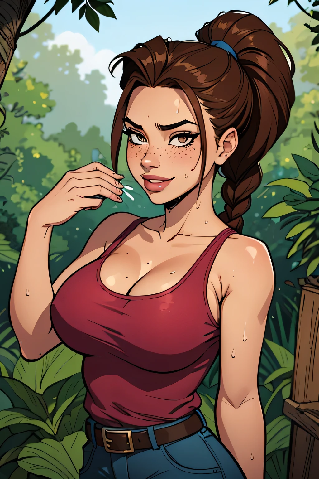 1 girl, Brigitte from overwatch, naked, medium breasts, sweating a lot, black eyes, upper body, confident, looking at viewer, condom in mouth, forest background, playful, horny eyes