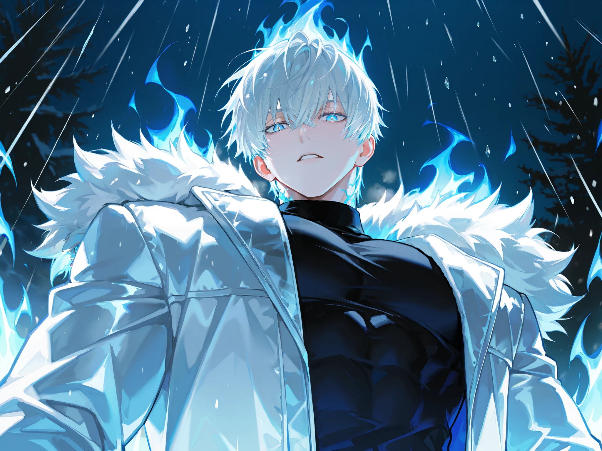 bottom view, 1 guy, One, Man with gray hair, пепельные Hair combed back, Hair combed back, ярко-BLUE EYES, Яркие серо-BLUE EYES, long lashes, BLUE EYES, burns, haughty look, looks down into the eyes, and the air is narrow, elongated pupils, bottom view вверх,Glass retina, black shirt with silver patterns, jacket with white fur, fur on the jacket , winter coat , strong muscular build, looks at viewer, bottom view, best quality, Glass retina, there is an iceяная корона in the air above your head, iceяная корона, huge transparent blocks of ice hang in the air, blue fire around, a magical blue aura in the form of a powerful blue flame, 1 guy, aura in the form of bright blue and white flames, snow , ice, frost, blizzard, blizzard, frost, The guy looks down , haughty cold look, killer look, view of the guy from below, close, focus on my face