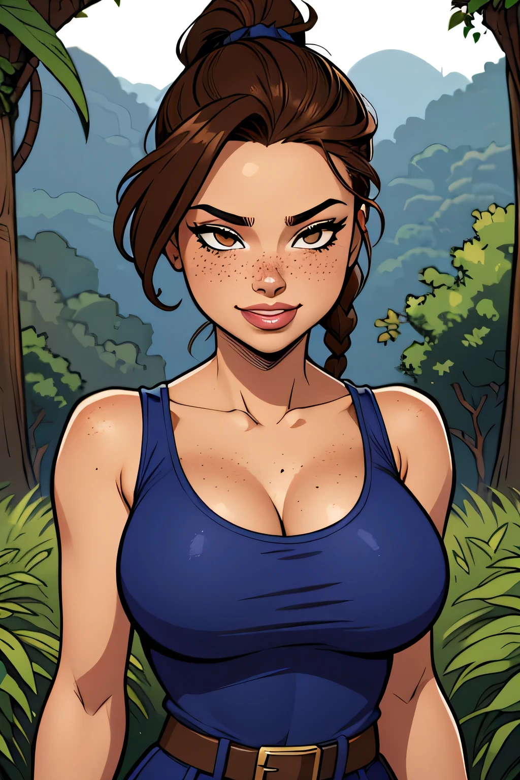 Personagem  mulher ninja com marcas de guerras Imagem de desenho animado de uma mulher .cartoon style illustration, estilo de arte dos desenhos animados, estilo de arte dos desenhos animados, digital illustration style, design de personagens altamente detalhado, arte digital detalhada coragem, Forest Fan Art, Design de personagens de retrato, beautiful digital illustration, retrato de alta qualidade, Arte em quadrinhos, mulher jovem cabelo com transas lindas . Beautiful lined eyes Medium large bust and wonderful sexy clothes. image expression of sexual desire from waist to head illustration