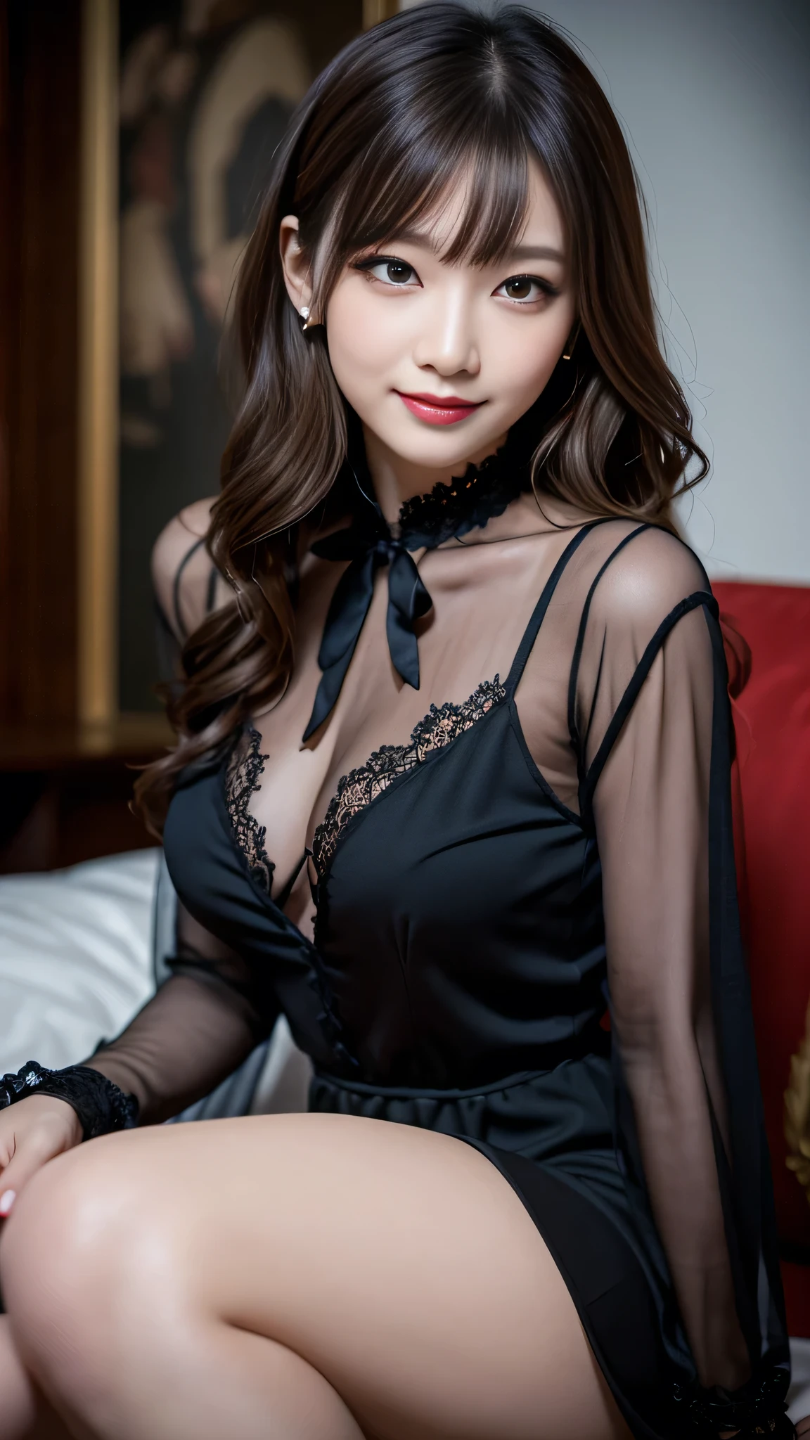 Super detailed、Japanese、charming beauty、seductive adult woman、Beautiful woman、sharp eyes、cool girl、wavy hair、suit、Black chiffon、lace fabric、wide sleeve、wearing a lace insert dress、white blouse、Tight Skirt、flesh colored pantyhose、Lustrous legs、evilの幹部、evil depravity、brainwashing、Mind control、lipstick、grin、evilな表情、evil、empty eyes、evil、church at night、vampire、evil woman、witch、Succubus、vampire、