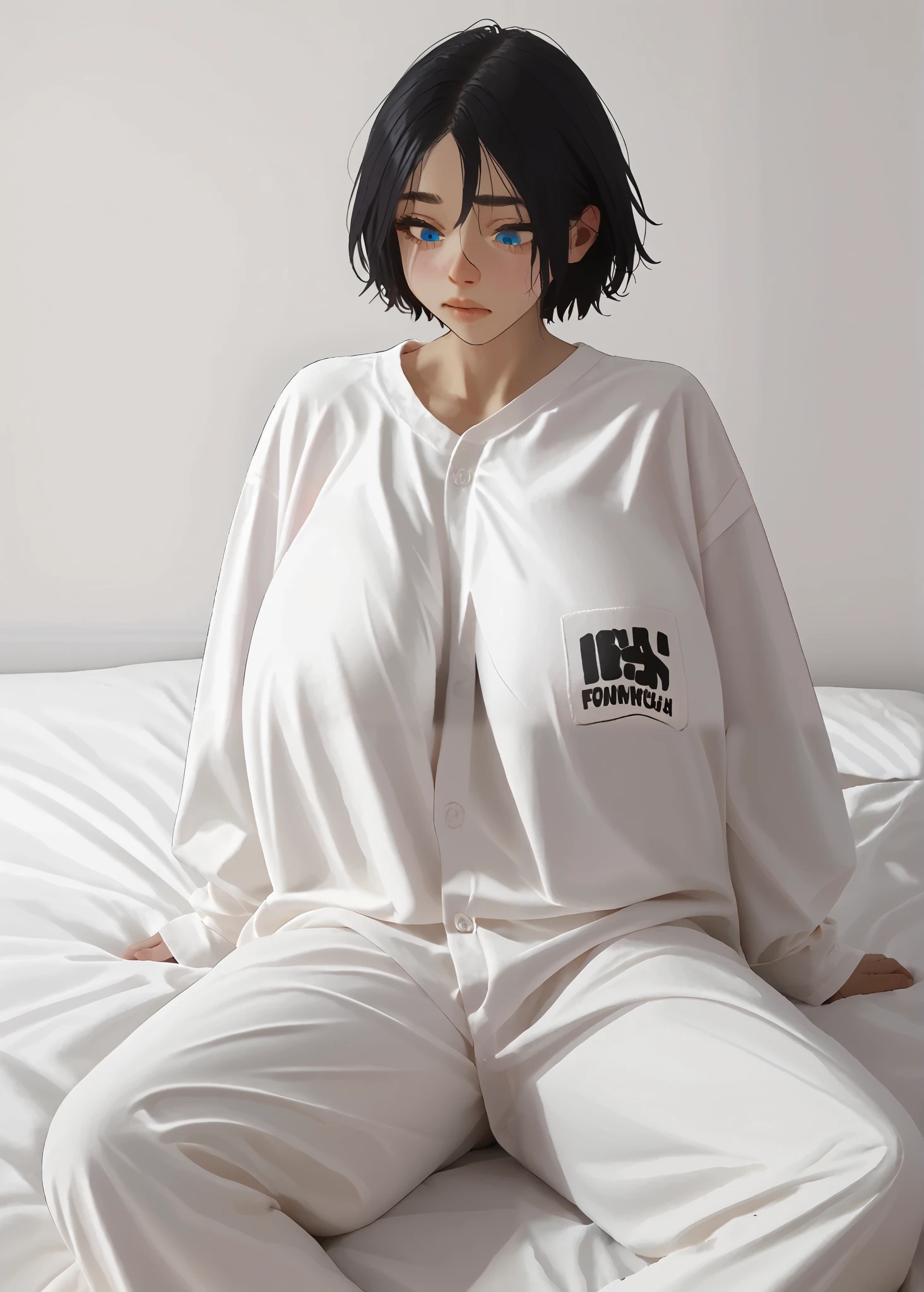 1 girl, ((gigantic breast)), short hair, middle hair, blue eyes, oversized clothes, long pants, long-sleeved pajamas, button up pajamas, bedroom, sleepy face, , sitting on large bed, (rubbing the sleep out of her eyes) (unaligned breasts) (art by norman rockwell), cute, oversized shirt (sagging breasts), (squishy breasts) (fallen breasts)