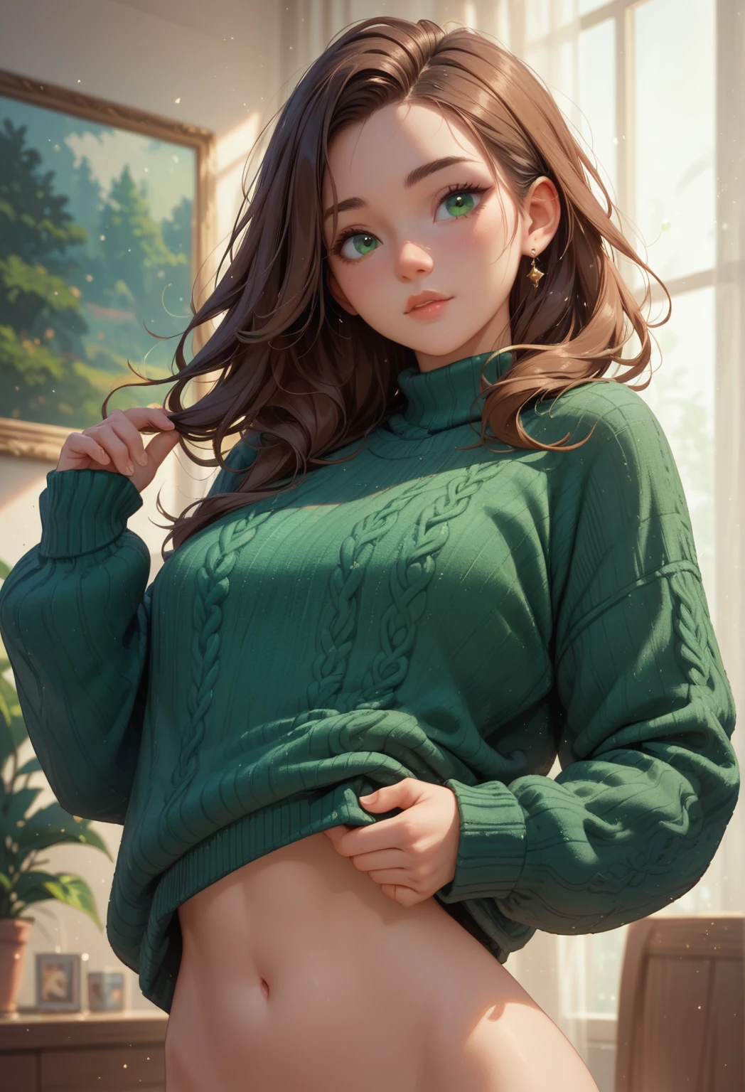 Beautifully detailed、High resolution portrait masterpiece of a girl with long hair。, Shiny brown hair and captivating green eyes, Wear a cozy sweater、She has a gorgeous smile that accentuates her small but perfectly shaped breasts.. Open chest