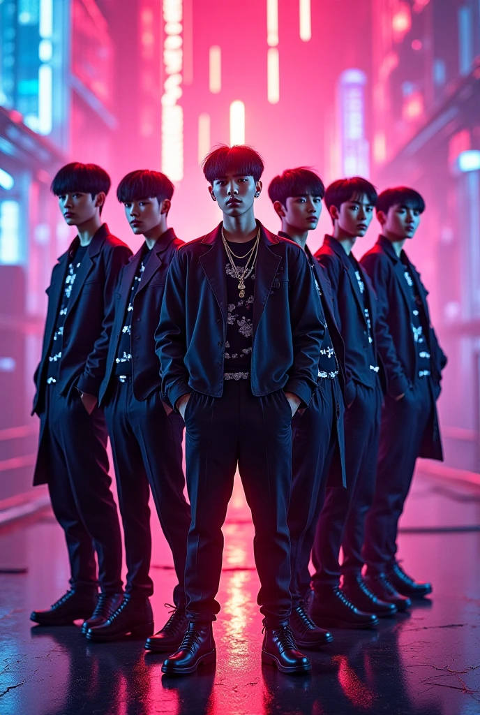 A group of 6 boys, one Japanese, one Brazilian, one Korean, and one Korean from a tattooed Kpop boy group dressed in rapper style clothing with black, red and white clothing details on a stage. 