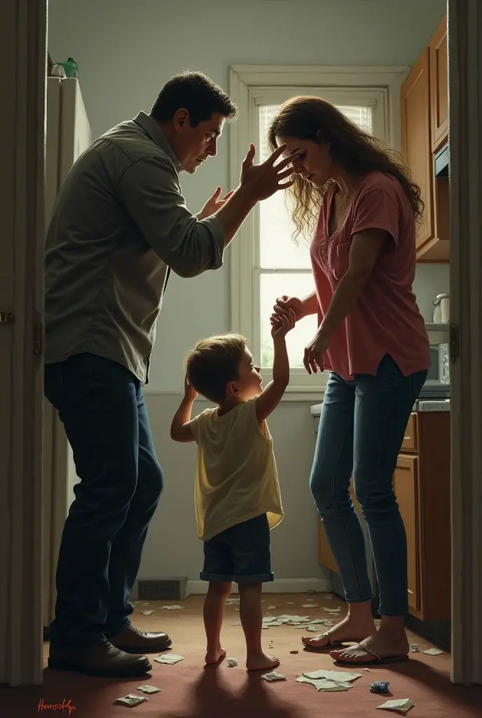 Create a pic of a boy standing in front of his parents they are abusing him and force to cry