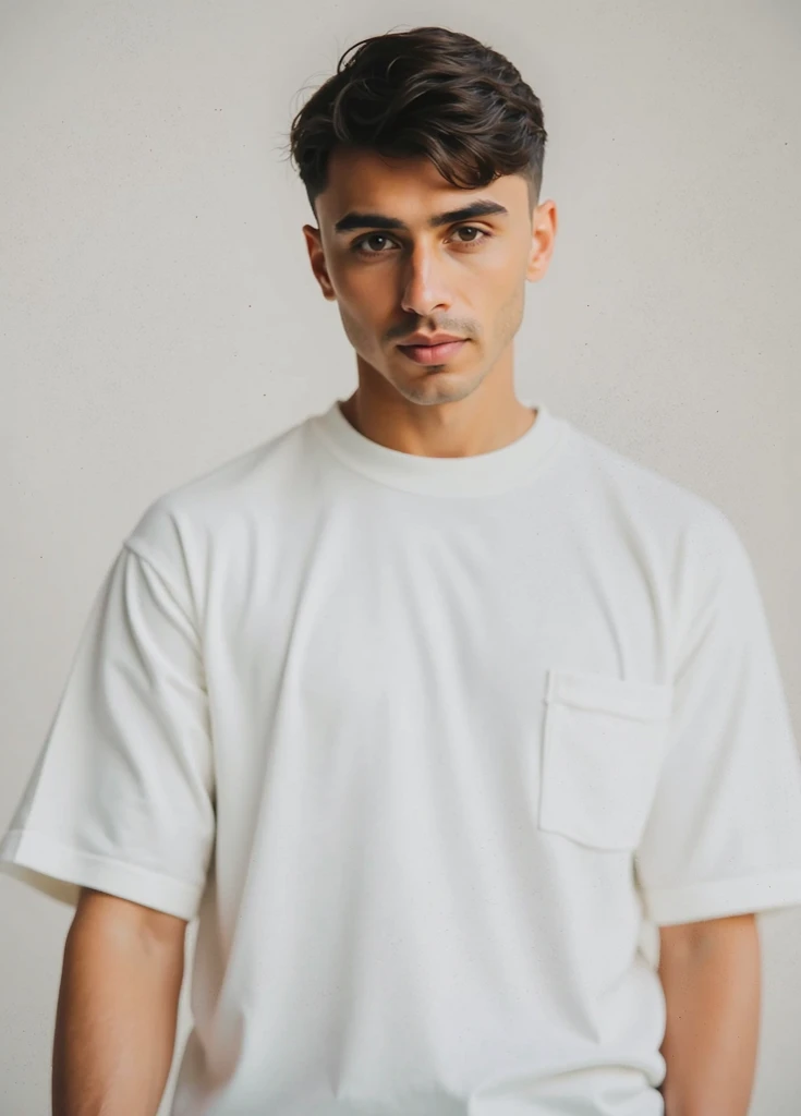 Brazilian man, white skin, black eyes, plain white oversized t-shirt without print, black cargo pants, portrait mode, on the streets of São Paulo during the day, posing as a model showing off his t-shirt