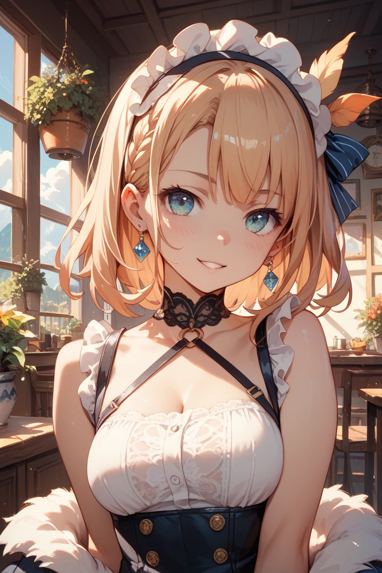(Masterpiece: 1.2), (Best quality: 1.2), Perfect eyes, Perfect face, Perfect lighting, Mountain horizon, Beautiful girl like a boy, Blonde hair, Upper body, Cleavage, Red eyes, (((((One eye) hair)) )))), braids, side ponytail, blunt bangs, bob hair, ahoge, cute eyes, best bust, ((from bottom)), vivid description, scary, ahegao, smile + happiness , Teeth, Angry, From the Side, Gothic Maid, Sitting, Arms Folded, (Looking Up: 1.3),