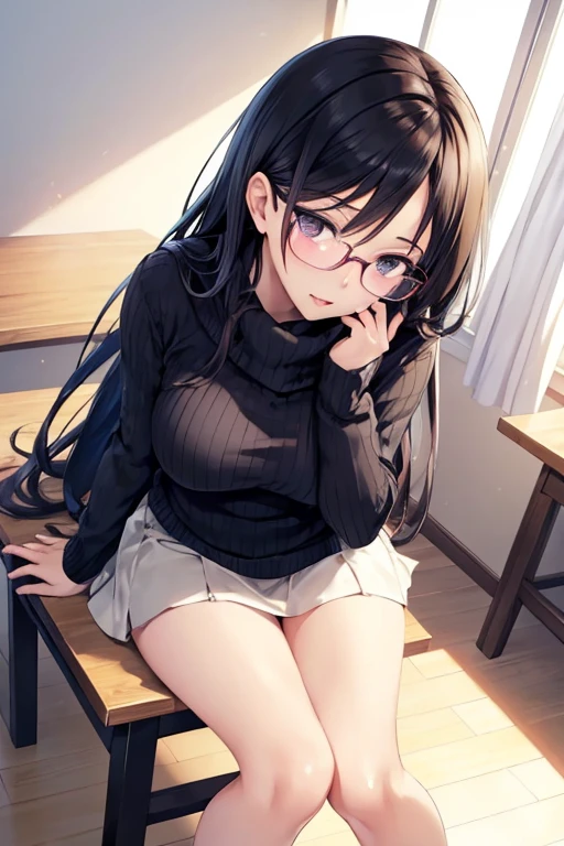 summer、An empty school classroom、thick、Sweat、、high school girl、Low length、(((((Eyes hidden by long bangs)))))、(((Long black hair)))(((Black-rimmed glasses)))、Backlight、evening、Nostalgic atmosphere、Look at this、glamorous、Sexy Lingerie、Sexy underwear、Are standing、barefoot、Beautiful Abs、Small breasts、See-through underwear、Mysterious、avert your eyeuscular、glamorous、Thick legs、Plump