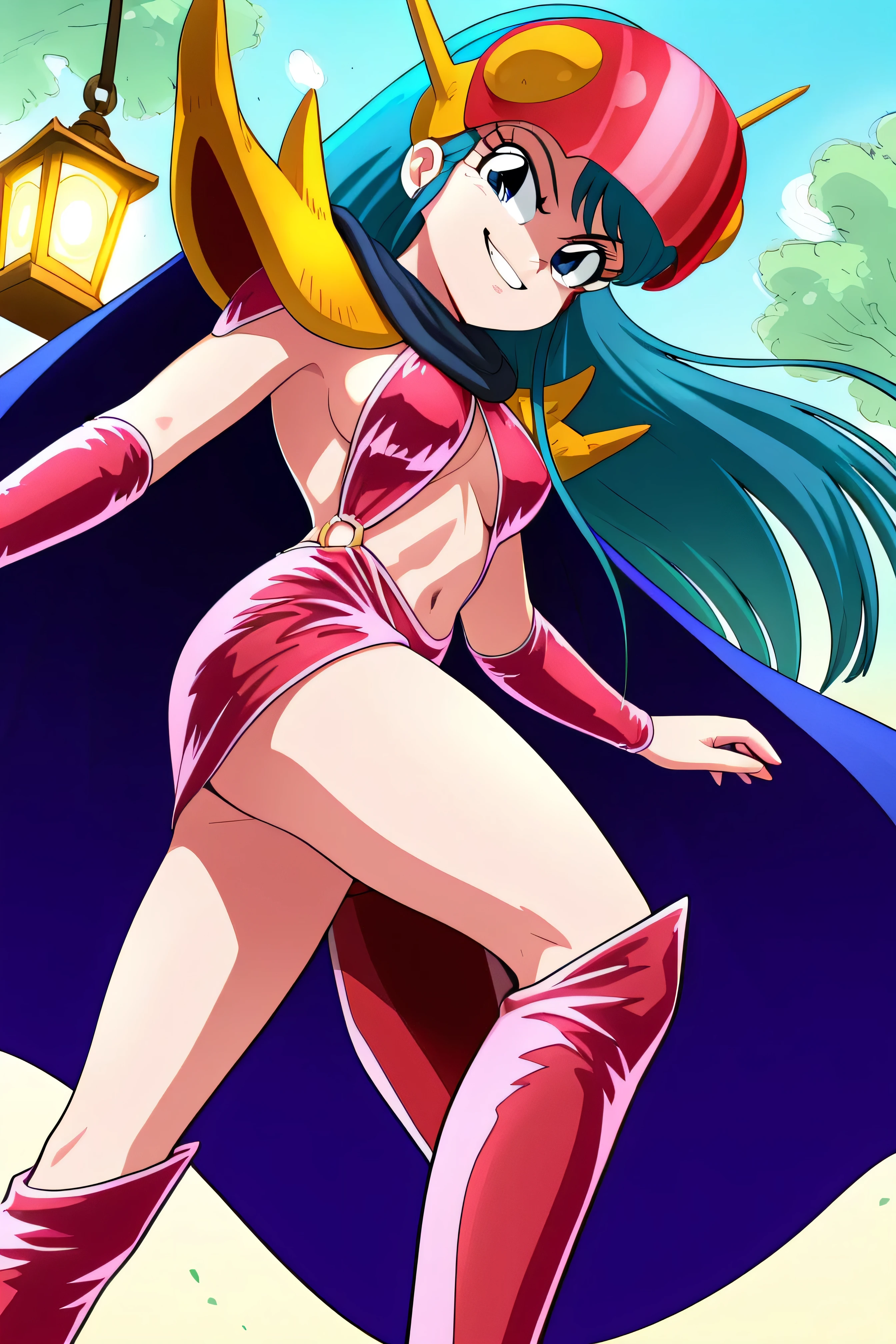 masterpiece, Best Quality, wopen leg, ABSARD DRESS, 1 girl, Alone,,,Stand in front,low angle,beautiful body,beautiful hands, beautiful legs,from below,looking at viewer,
Kuki_king, Onyomiko , Lantern, long hair, Blue Eyes, chest,
head mounted display, hair ornaments close to the garden, yellow shoulder pad, Blue Cloak, red bikini armor, sideboob, Red Armrest , midriff, belly button, throw,viewers,, bring their hands to their mouths,,Beautiful Hands and Feet,thighhigh boots,low angle,Shadowy Face(An eye in the shadows),most evil smirk