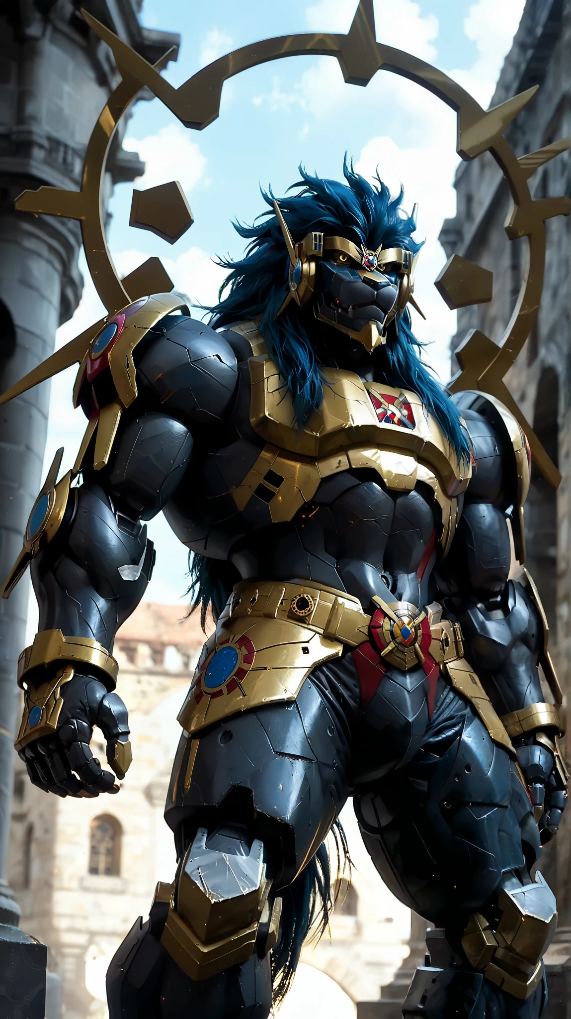 score_9, score_8_up, score_7_up,
Apollomon Whispered, muscular, blue mane, black lion, armor, Digimon, long hair, robot, cyborg, mecha,
8K, In'ei, chiaroscuro, depth of field, rim lighting, clear_eyes,
perfect hands, perfect proportions, peak physical perfection, perfect male physique, powerful muscular body, impressive physique, thick arms, thick legs, large shoulders, wide thick chest,
dynamic action pose, detailed anime background, detailed photographic fluffy anime clouds, perfect hands, masterclass anime, black skin, black fur, evil, villain, alluring gaze, dynamic lighting, glistening gold, photographic realism, chest armor,
BREAK zPDXL, zPDXLxxx,