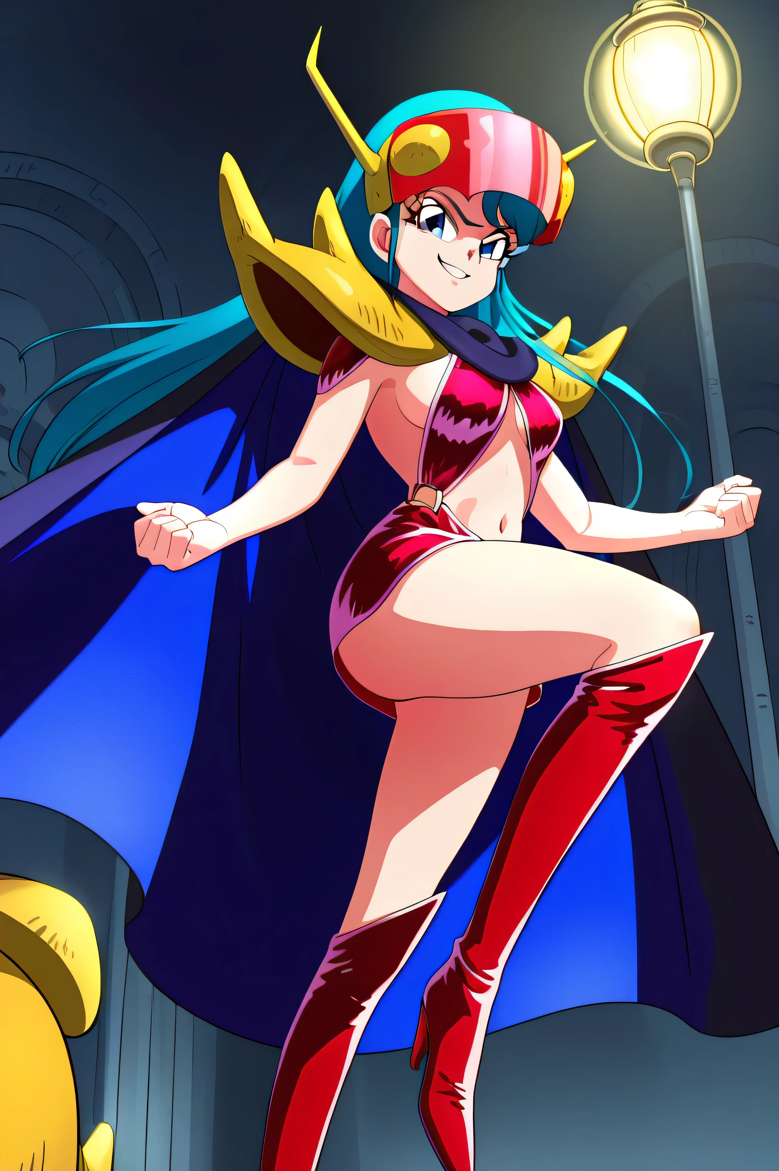 masterpiece, Best Quality, wopen leg, ABSARD DRESS, 1 girl, Alone,Lady pose,,Stand in front,low angle,beautiful body,beautiful hands, beautiful legs,from below,looking at viewer,
Kuki_king, Onyomiko , Lantern, long hair, Blue Eyes, chest,
head-mounted display, hair ornaments close to the garden, yellow shoulder pad, Blue Cloak, red bikini armor, sideboob, Red Armrest , midriff, belly button, throw,viewers,, bring their hands to their mouths,,Beautiful Hands and Feet,thighhigh boots,low angle,Shadowy Face(An eye in the shadows),most evil smirk