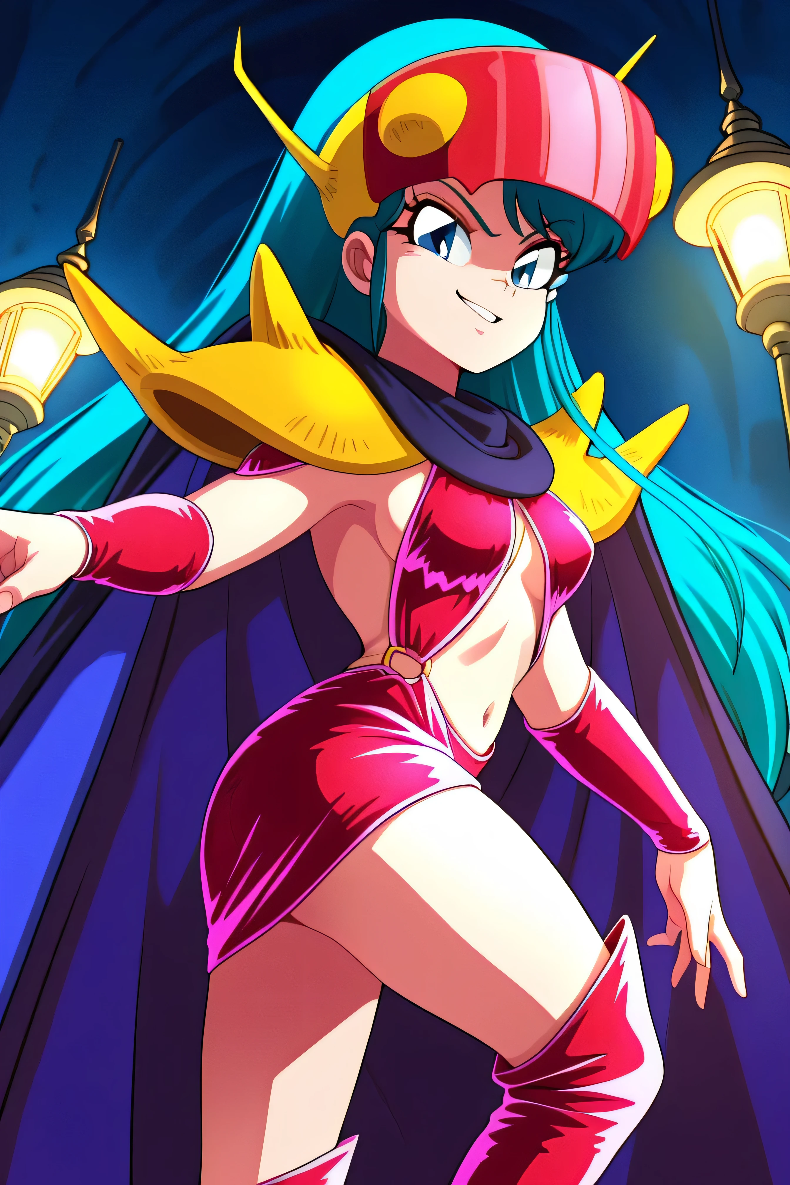 masterpiece, Best Quality, wopen leg, ABSARD DRESS, 1 girl, Alone,Lady pose,,Stand in front,low angle,beautiful body,beautiful hands, beautiful legs,from below,looking at viewer,
Kuki_king, Onyomiko , Lantern, long hair, Blue Eyes, chest,
head-mounted display, hair ornaments close to the garden, yellow shoulder pad, Blue Cloak, red bikini armor, sideboob, Red Armrest , midriff, belly button, throw,viewers,, bring their hands to their mouths,,Beautiful Hands and Feet,thighhigh boots,low angle,Shadowy Face(An eye in the shadows),most evil smirk