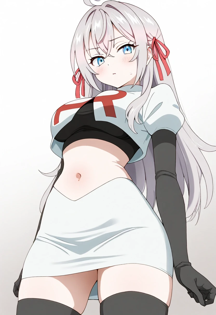 阿莱克西亚·米德嘉尔,1girl,solo,long hair,white hair,sidelocks,very long hair,bangs,twintails,hair ornament,red eyes,black bow,hair bow,parted bangs,two side up,
large breasts, Exquisite visuals, high-definition,masterpiece,best quality,expressive eyes,
looking at viewer,
highres, absurdres,team rocket,team rocket uniform,white skirt,red letter R,crop top,black thigh-highs,black elbow gloves
