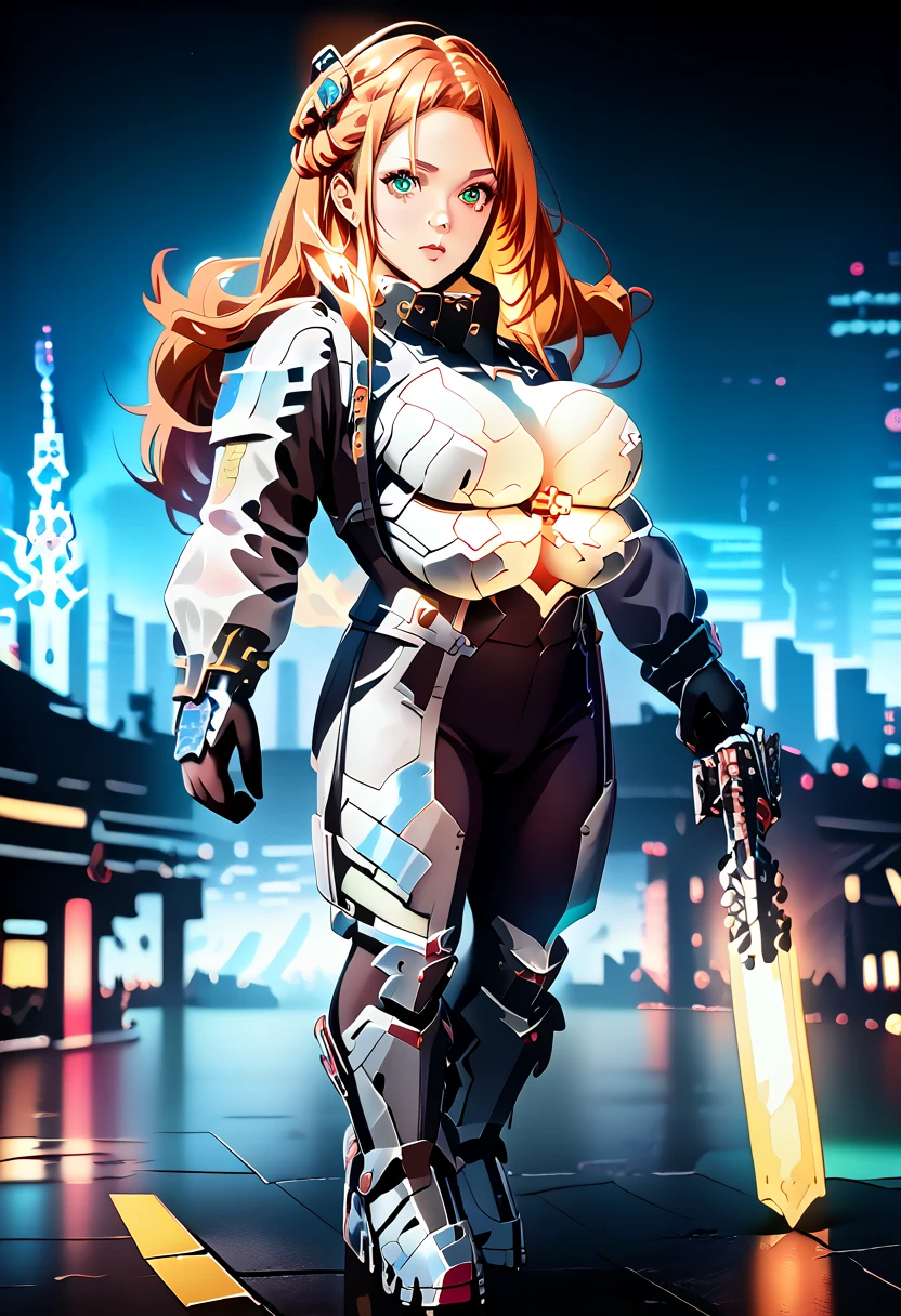 1980s Anime Mature female, medium breast, cleavage, detailed eyes & face,\[Sci-fi mecha battle, colossal robots, futuristic cityscape in ruins, valiant pilots, intense combat stances, energy weapons, explosions lighting up the night, post-apocalyptic sci-fi theme, intricate details in the mechs and the cityscape\]