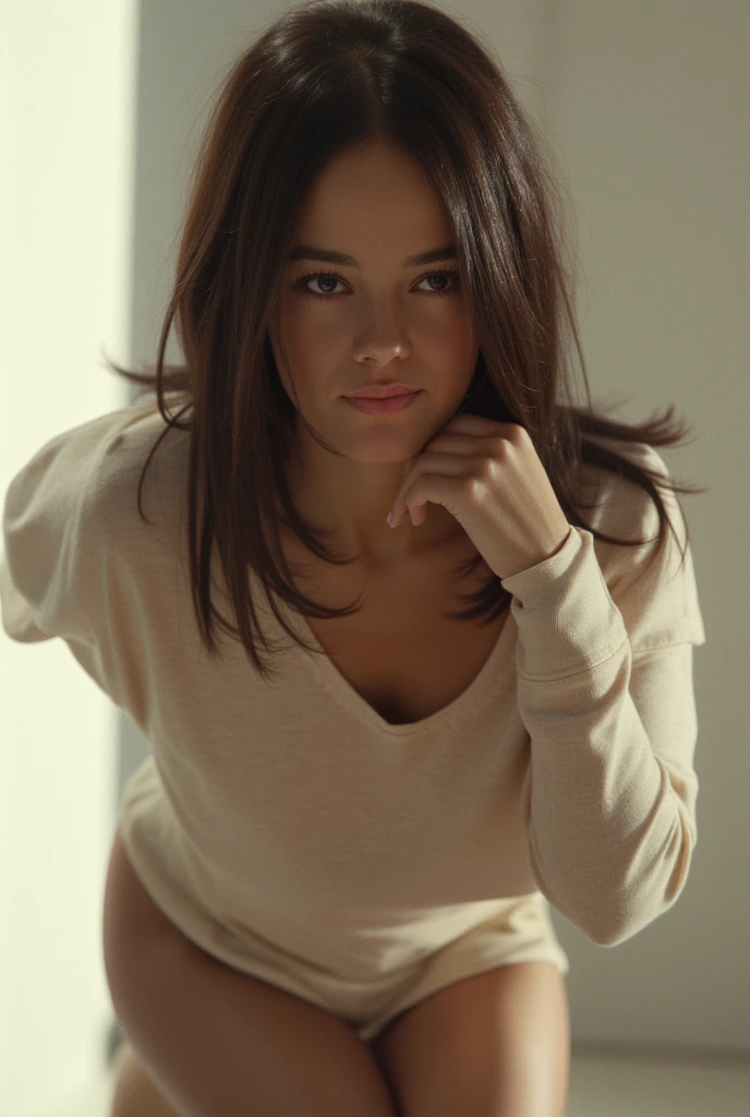 photo of a beautiful girl wearing only a casual shirt with a hoodie and, brown hair with light highlights, in a room, naked, fit body, view from back, medium upper body shot, looking at the camera, cute smile, shallow depth of field