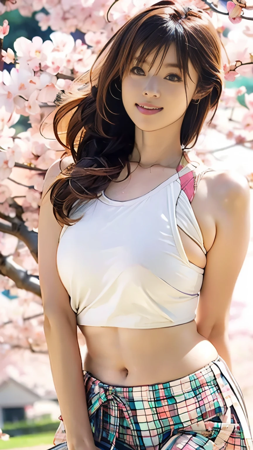 Huge breasts woman, cherry blossoms, necklaces, tattoo, crop shirt, mini skirt, real skin texture, 32K high resolution, masterpiece, full body photo shoot, dynamic pose,