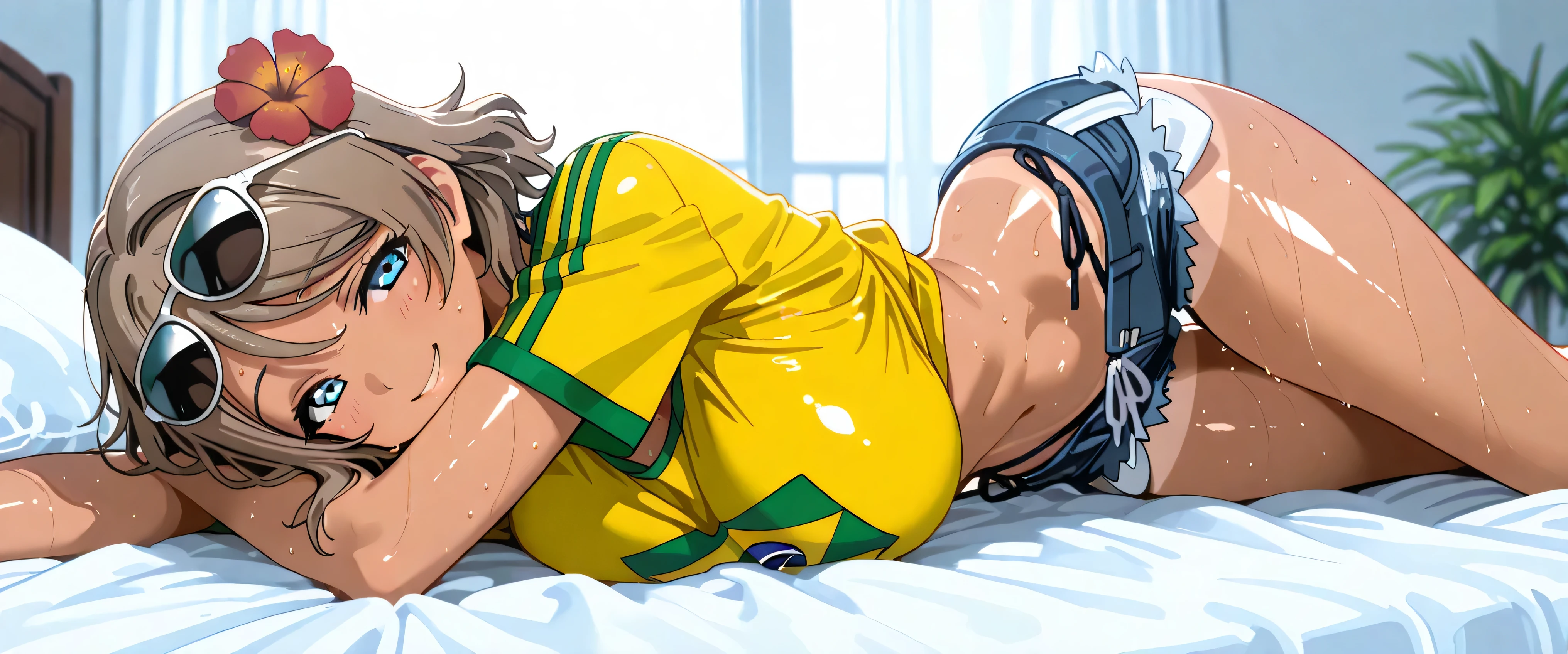masterpiece, best quality, girl, beautiful face, clean skin, shiny hair, shiny skin, beautiful face, perfect eyes high quality shine, best quality, very aesthetic, absurd, perfect body quality, beautiful curves, perfect, you watanabe, blue eyes, brown hair, short hair, swept bangs, large breasts, sunglasses on head, flower in hair, yellow shirt, Brazilian flag on shirt, jean shorts, short shorts, tanned, 1 girl, in a detailed room, lying on the sweaty bed, naughty smile