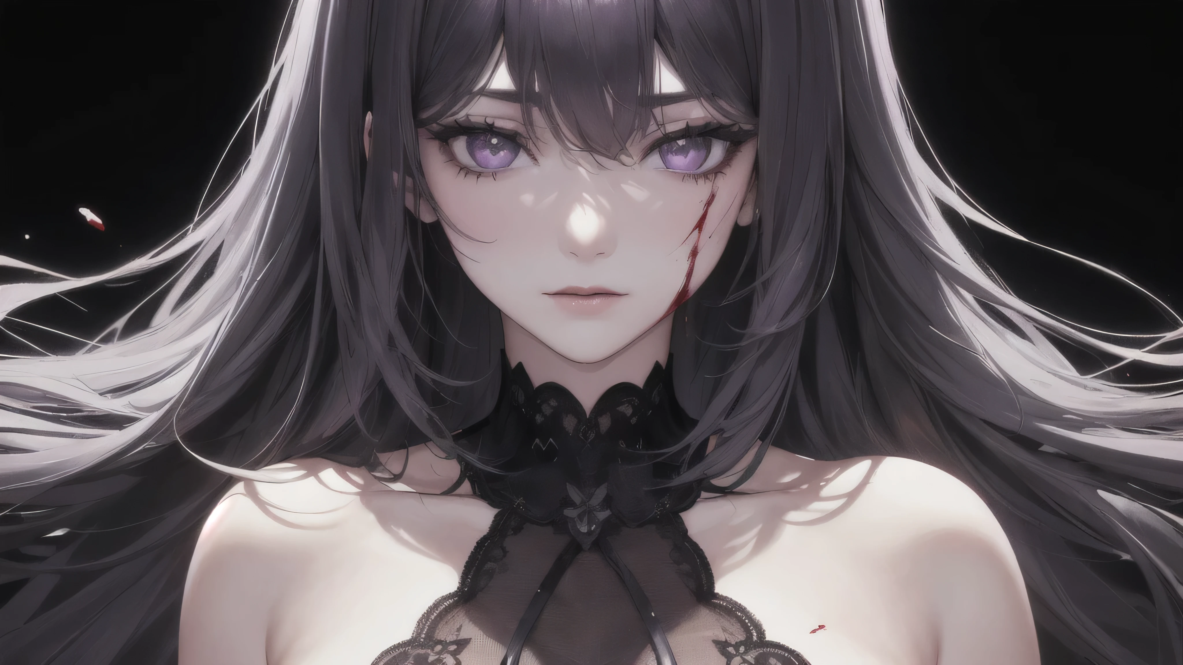 (best quality,high resolution:1.2),super detailed,realistic:1.37,a sexy mature beautiful lady in a black royal gown, wearing lace lingerie, showcasing her angry expression, close-up of her breasts, colorful hair, red eyes, and revealing her lingerie.