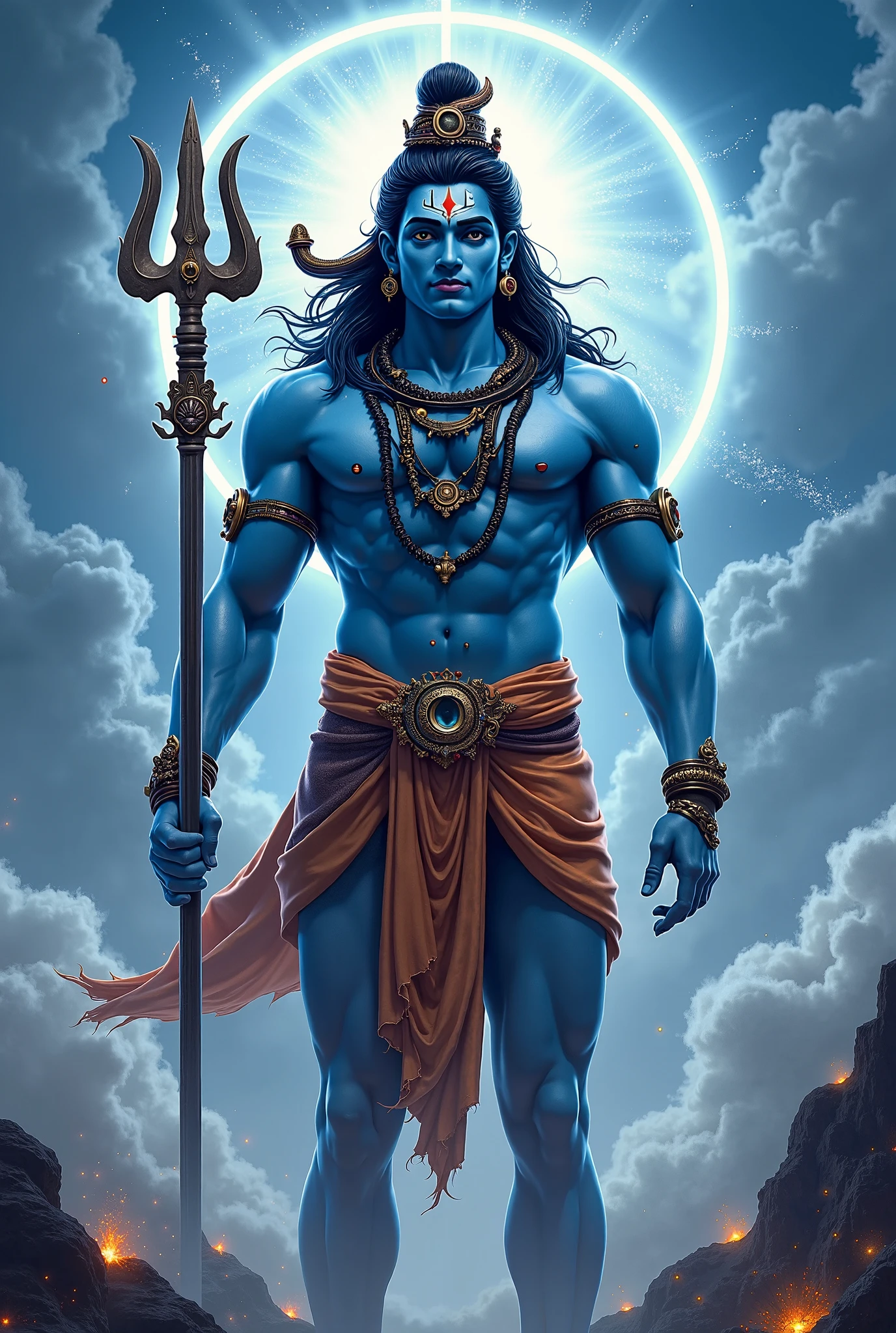 a powerful muscular lord shiva, blue tinted night sky with cloudy moon, lord shiva holding trishul, closeup shot, angry face, extremely detailed skin and well detailed eyes (best quality,4k,8k,highres,masterpiece:1.2),ultra-detailed,(realistic,photorealistic,photo-realistic:1.37),dramatic lighting,cinematic composition,intricate details,vibrant colors,mystical atmosphere,