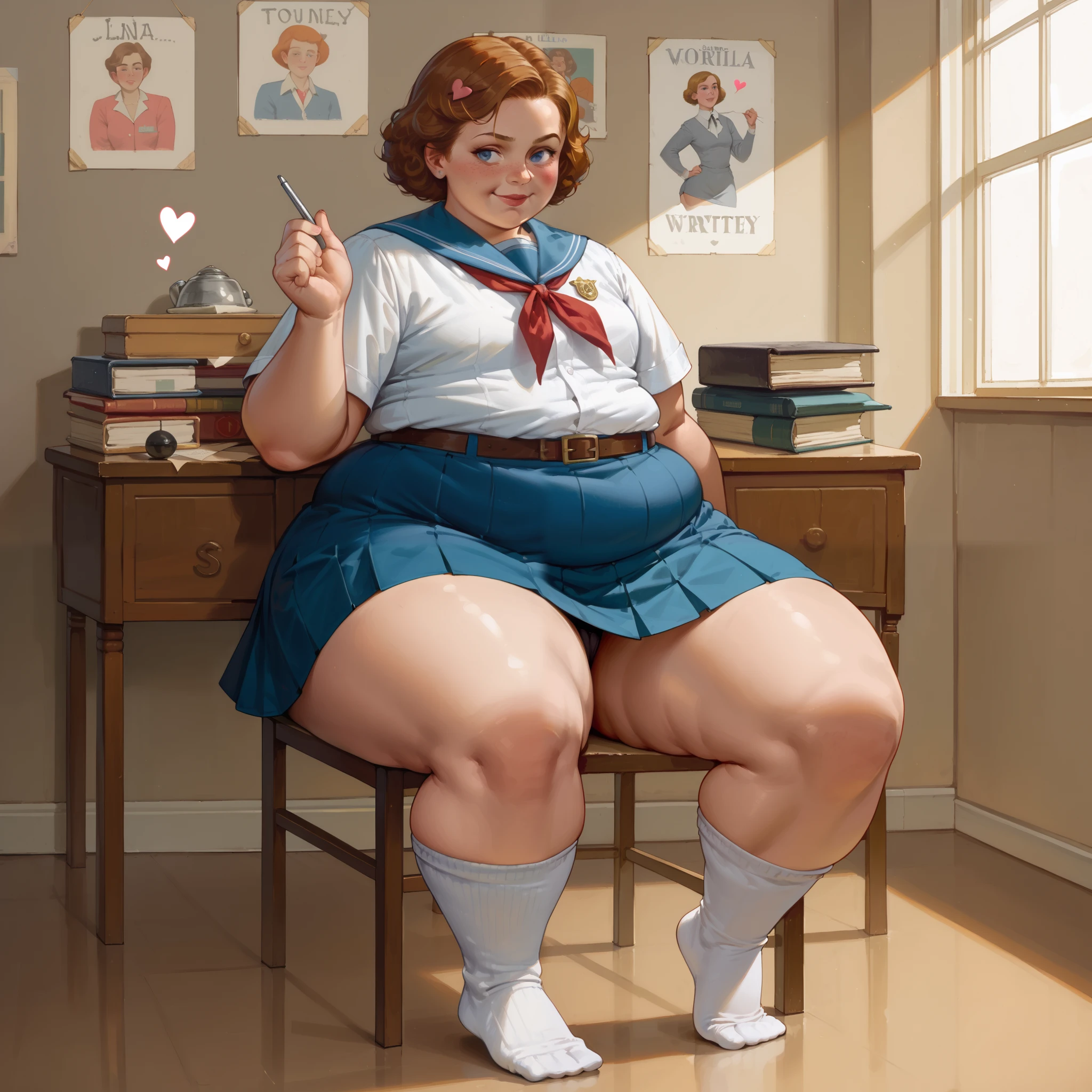 ,source_western, wide hips, plump, Sitting at a desk in a chair, (Long socks), Twin-tailed, Black and Red High School Girl Uniform, class room, (pinching her side), (weight conscious:1.2), Skirt, Random hair color, , looking at viewer,, (hyper thighs), (skindentation), (small breasts) (specular and volumetric lighting:1.3) (sunbeams:1.1) (deep shadows:1.1) (candid picture:1.1) (art by norman rockwell)((Phyllis Ginger)), flickr, op art, ((susan hayward, linda wilder, sigourney weaver, judy garland)) fat girl, (hearts around her head), (covered midriff:1.2)