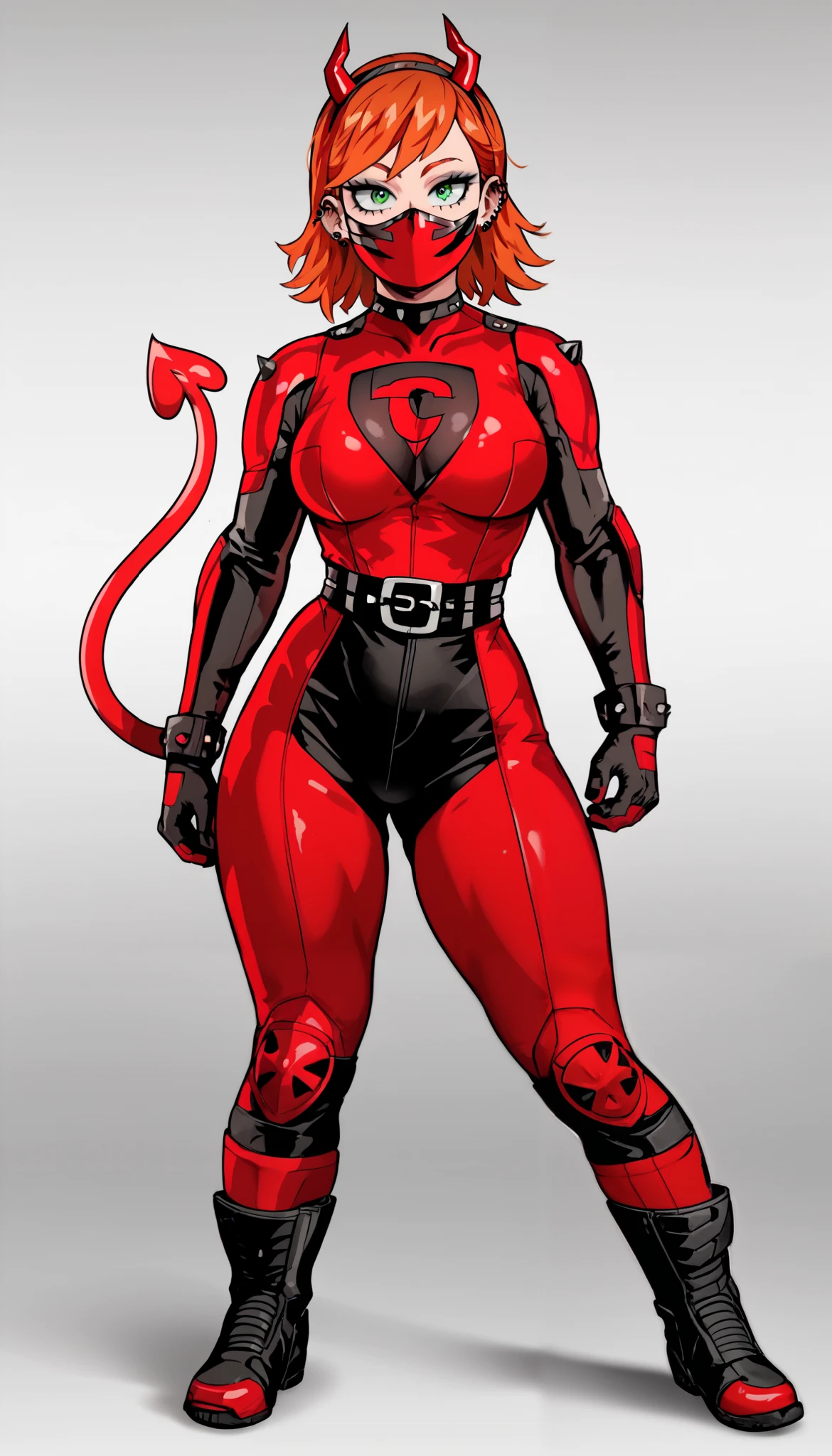 (My Hero academia Style), (OC Female), ((Goth Girl)), Foster's Hole For Imaginary Friends, ((1girl)), ((redhead with yellow at the tips)), (eye shadow), ((green eyes)), (wide hips), (wide thighs), (medium breasts), (slim waist), (wide hips), (medium thighs), (Full body photo:1.5), (perfect anatomy), (((perfect hands)), (super detailed), (Devil's Tail), (Athletic Body), ((Full Body Photo)), (looking at viewer), ((skindentation)), (Thigh gap), (Knee gap), (ankle gap), (standing), (Power Ranger suit), (Red Power Ranger Suit), (Red Ranger Suit), ((Red hero costume suit)), ((futuristic neon red armor with bright gold details)), ((Red Devil Ranger Helmet)), (thin devil horns), ((black knee and elbow pads)), ((black studded shoulder pads)), ((black studded boots and gloves)), ((black belt with Red pockets)), (Head covered), ((Face covered)),