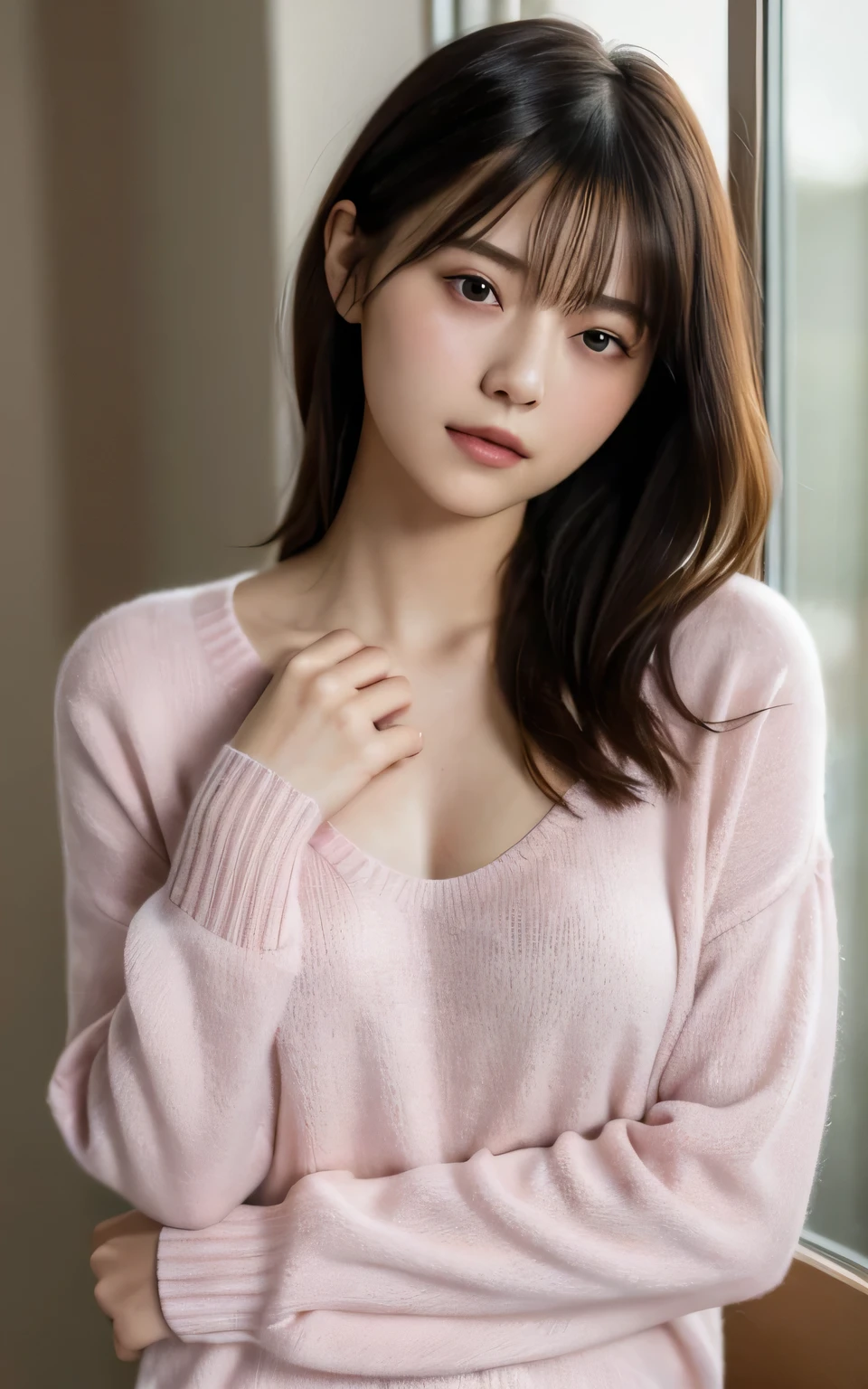 masterpiece, highest quality, 8k, 20th Generation, Large Breasts, cute, alone, sad, cute, Girlish, Delicate girl, Pure beauty, RAW Photos, Professional photography, Portraiture, Soft Light, Professional Lighting, Backlight, Upper Body, avert your eyes, Sophisticated, Film Grain, (Eyes and facial details:1.0), Short floating hair, Beautiful, flowing hair, bangs, Cardigan on the skin、(Large Breasts:1.0)、You can see a little cleavage、Dolly Makeup、Odd Eye、The colour of the left and right eyes are different