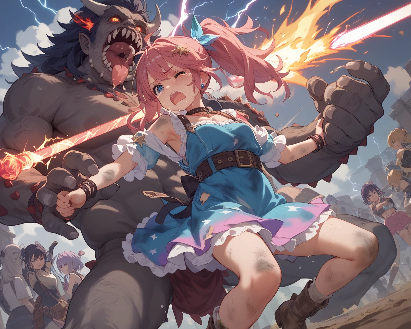 uma mulher bestial pequena e fofa, with two knives in his hands, com correntes e sangue em volta, with a giant bear behind her