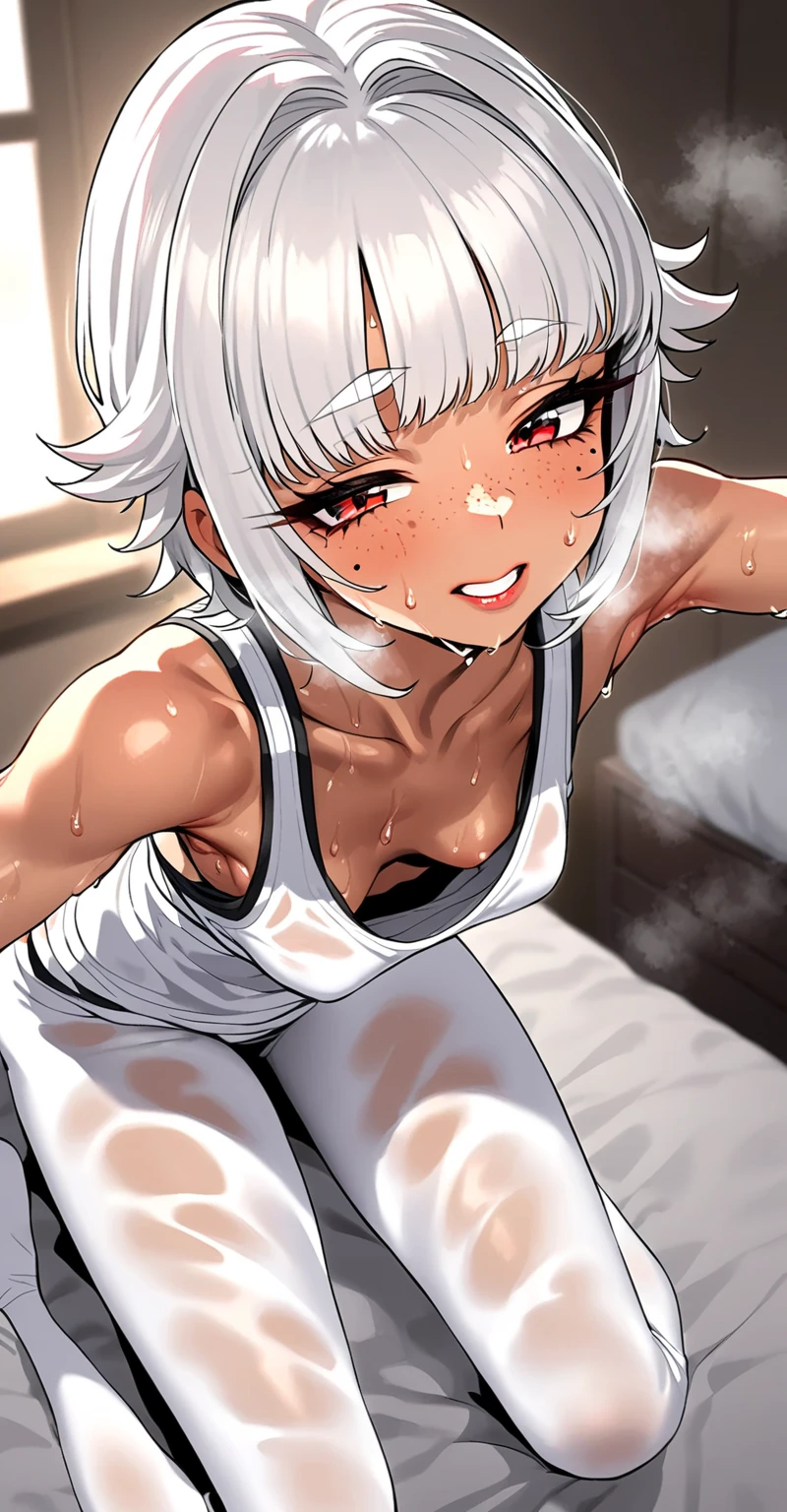 nsfw,1 girl,Solo,White hair,tan,red eyes,TOMboy,big breast,masterpiece, best quality, very aesthetic,masterpiece, best quality, very aesthetic, absurdres,tank top,Covered nipples,arms,hands,panties