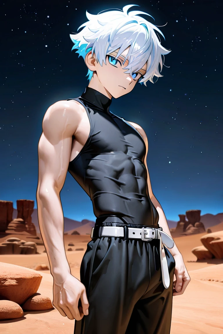 14 and 15 years old, Two cute silver-haired brothers aged 14 and 15 argue in the middle of the desert in blue male swimsuit