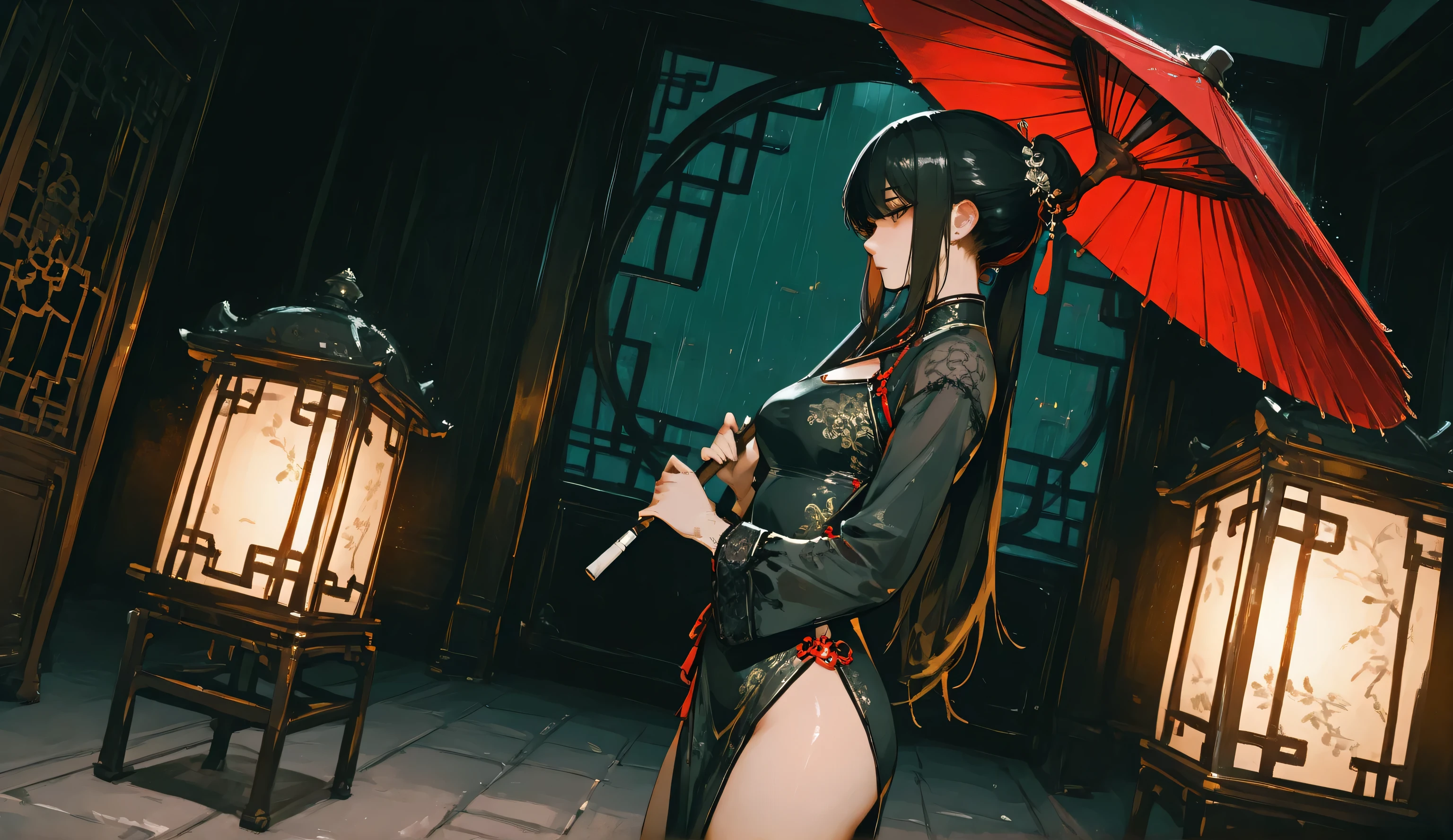 Rainy Day, A Chinese woman with a sad expression, Wearing black embroidered cheongsam, Holding an oil-paper umbrella, Standing in a Chinese garden, from side, Wide-Angle, chiaroscuro, cinematic lighting, UHD, retina, masterpiece, textured skin, high quality, highres, anatomically correct, 8k