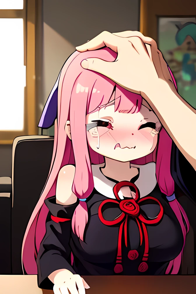 (POV headpat:1.6),(pov hand),kotonoha akane,((hanging eye)),Small eyes,red eyes, iris,(A single fang),round face,hair ribbon,long hair,pink hair,(((big breast))),(chubby),(((black dress:1.5))), detached sleeves, wide sleeves, bare shoulders ,(closed eyes),(blush),(crying),closed mouth,indoors,living room,upper body,angle from above,(face staring at a photo),