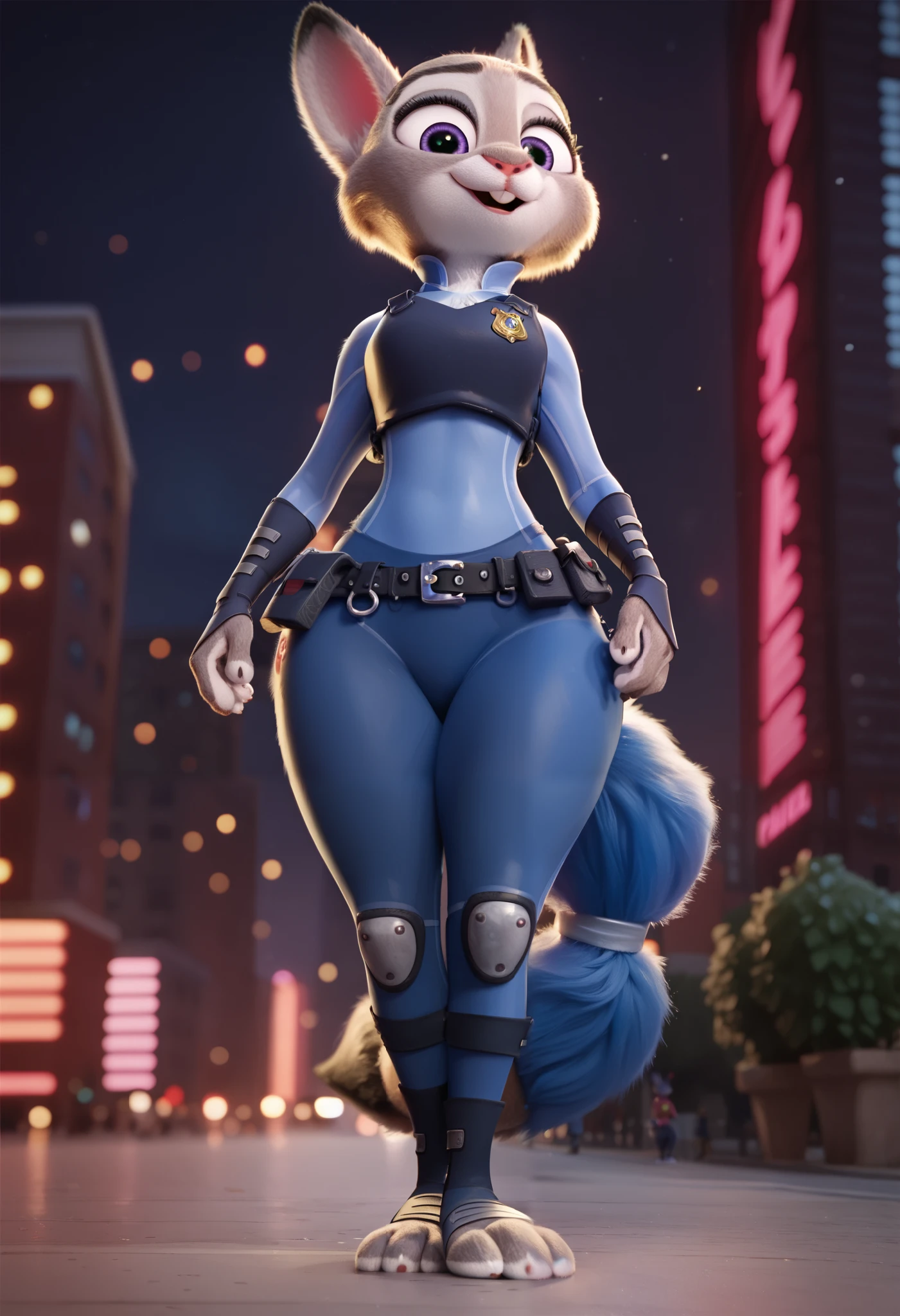 masterpiece, judy hopps, blue fur, Wide hips, on a city, police uniform, long and fluffy krystal the fox tail, full body, crossing legs, pov from bellow