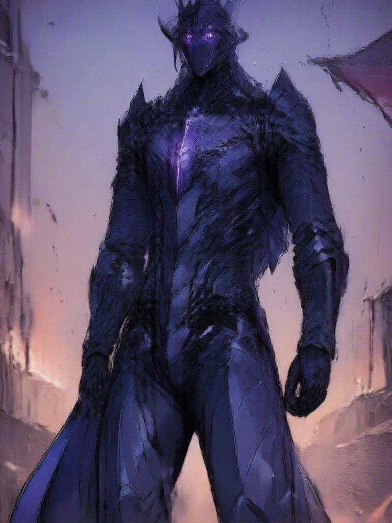 "A dark and menacing armored warrior stands in a battlefield engulfed ...