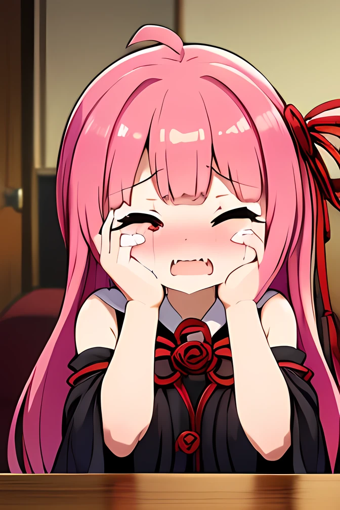 (POV headpat:1.6),(pov hand),kotonoha akane,((hanging eye)),Small eyes,red eyes, iris,(A single fang),round face,hair ribbon,long hair,pink hair,(((big breast))),(chubby),(((black dress:1.5))), detached sleeves, wide sleeves, bare shoulders ,(closed eyes),(blush),(crying),closed mouth,indoors,living room,upper body,angle from above,(face staring at a photo),