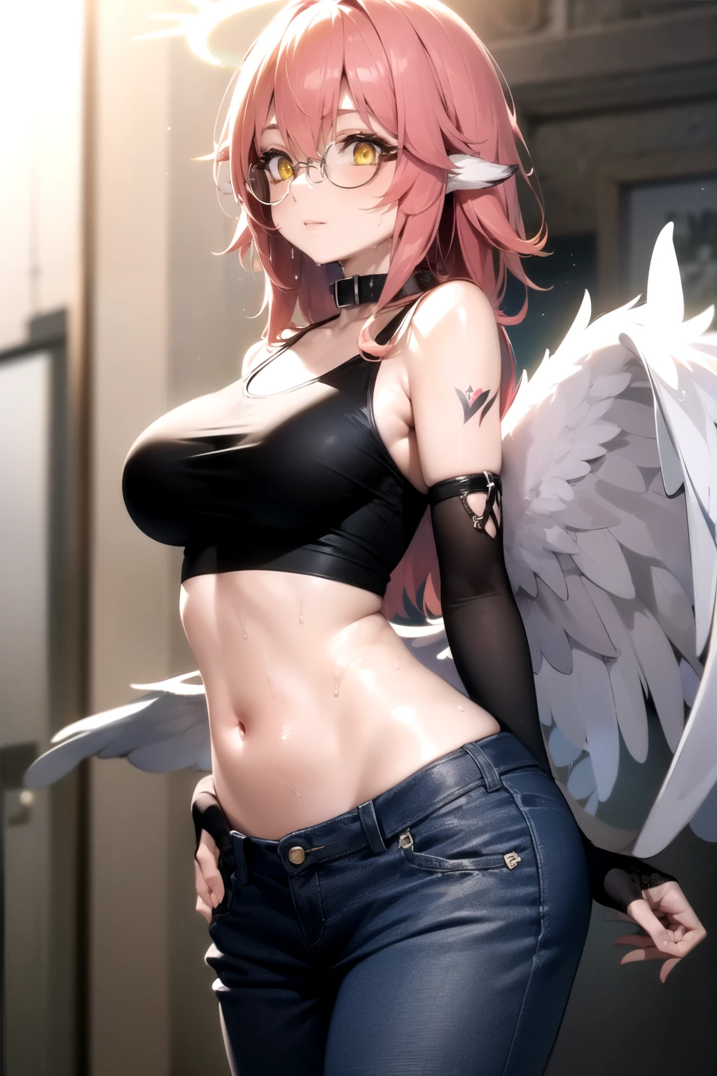 harpy woman, long pink hair, giant breasts, blue wings, slim and athletic body, long shapely legs, feathers around the neck, 8k, hd, masterpiece, full body, character designs in various perspectives, front, back, profile
