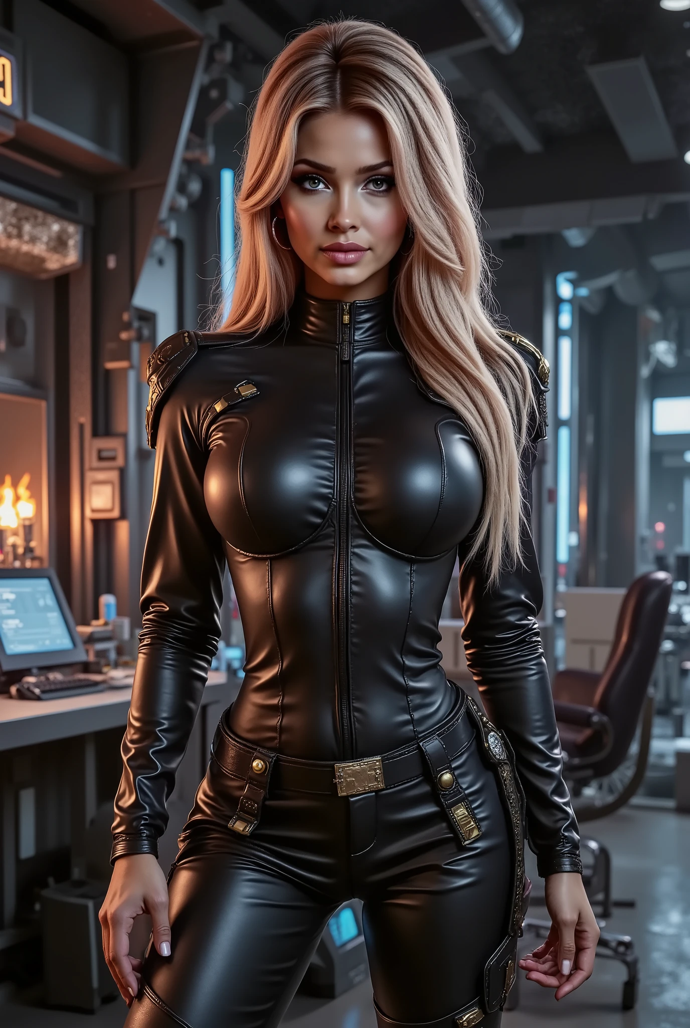 ((beauty, which very yellow spans the iron bar)), (face of 21yo:0.8), (realistic:1.2), (ultrahigh detail:1.1), studded collar, Beautiful girl with accentuated slender abs: 1.4, Sixpack Bauchmuskeln: 1.4, Bust Botox, Foto, Sharpness, Unikat 850 4, Koda850 k portrait camera, Formel 1.6 Linsen, Ultra-realistische Texturen, spectacular light textures, Cinestil 800 Modemechanik, (Futuristische Sci-Fi-Kampfmode, Ellbogen- und Knie-Cyberpad, Cyber Lange Stiefel, black matte silky skin tight leggings, (large breasts:1.0)