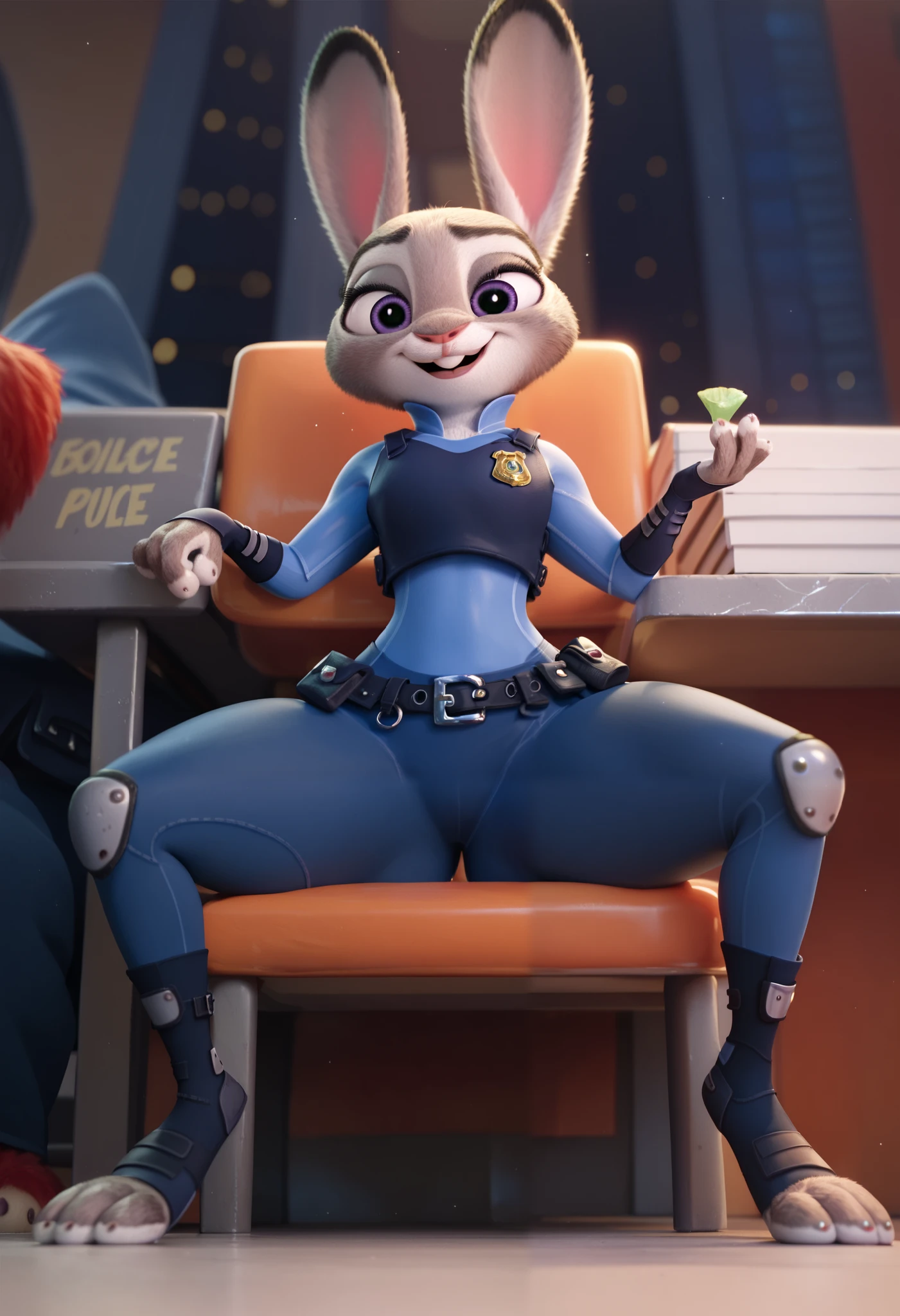 masterpiece, judy hopps, Wide hips, on a city, (police uniform), full body, sitting on a benchair, thighs , pov from bottom, spread legs, seductive face, Best illumination,