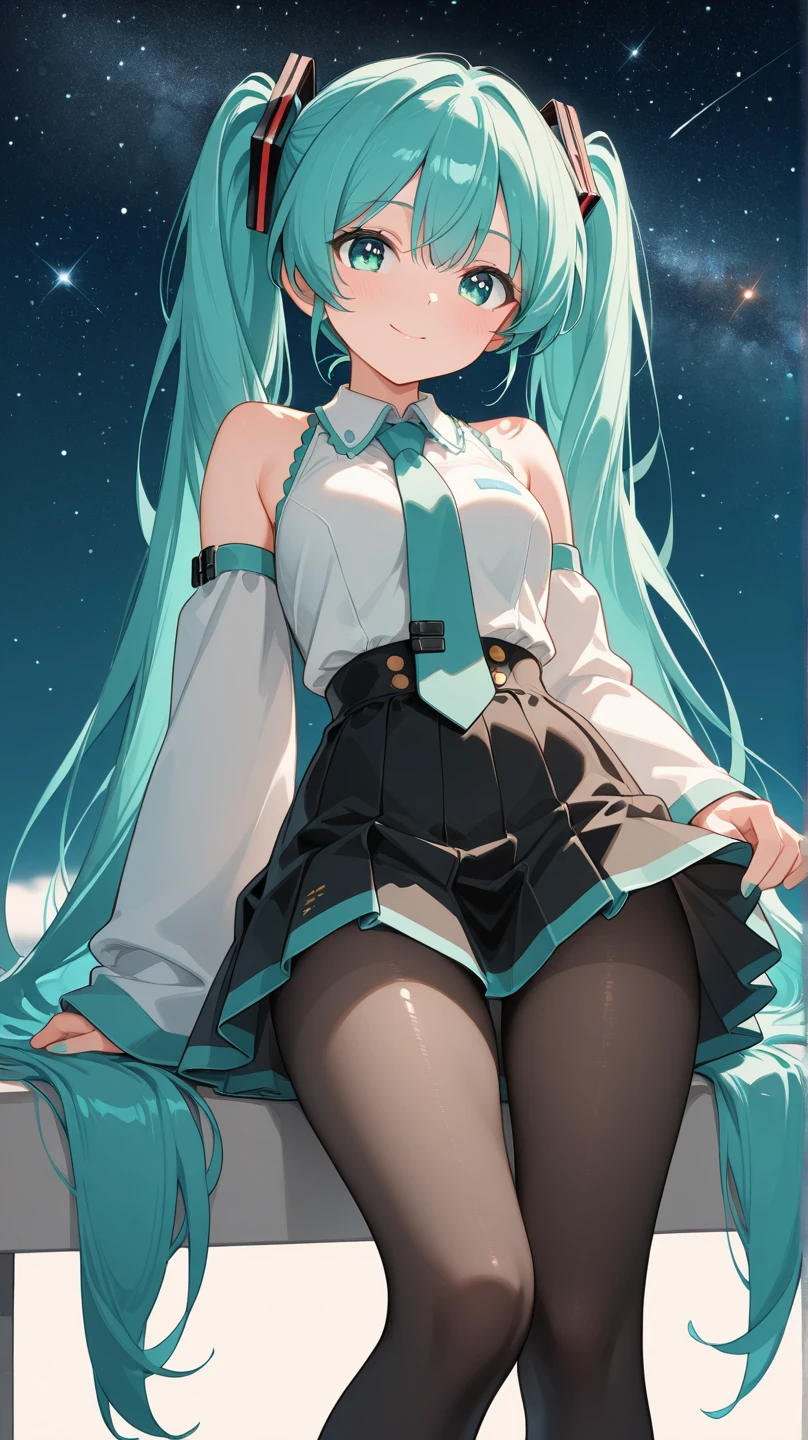 (1 girl),(high quality), (High resolution), (extremely detailed), (8K),(focus on lower body),(CG),(Hatsune Miku)、Gravure idol、Magic Knight、magic swordsman、Magic Mentor、school uniform、sexy panties、(black pantyhose:1.2)、erect nipple shape、No shoes、(neutral white lighting),sexy pose、showing panties