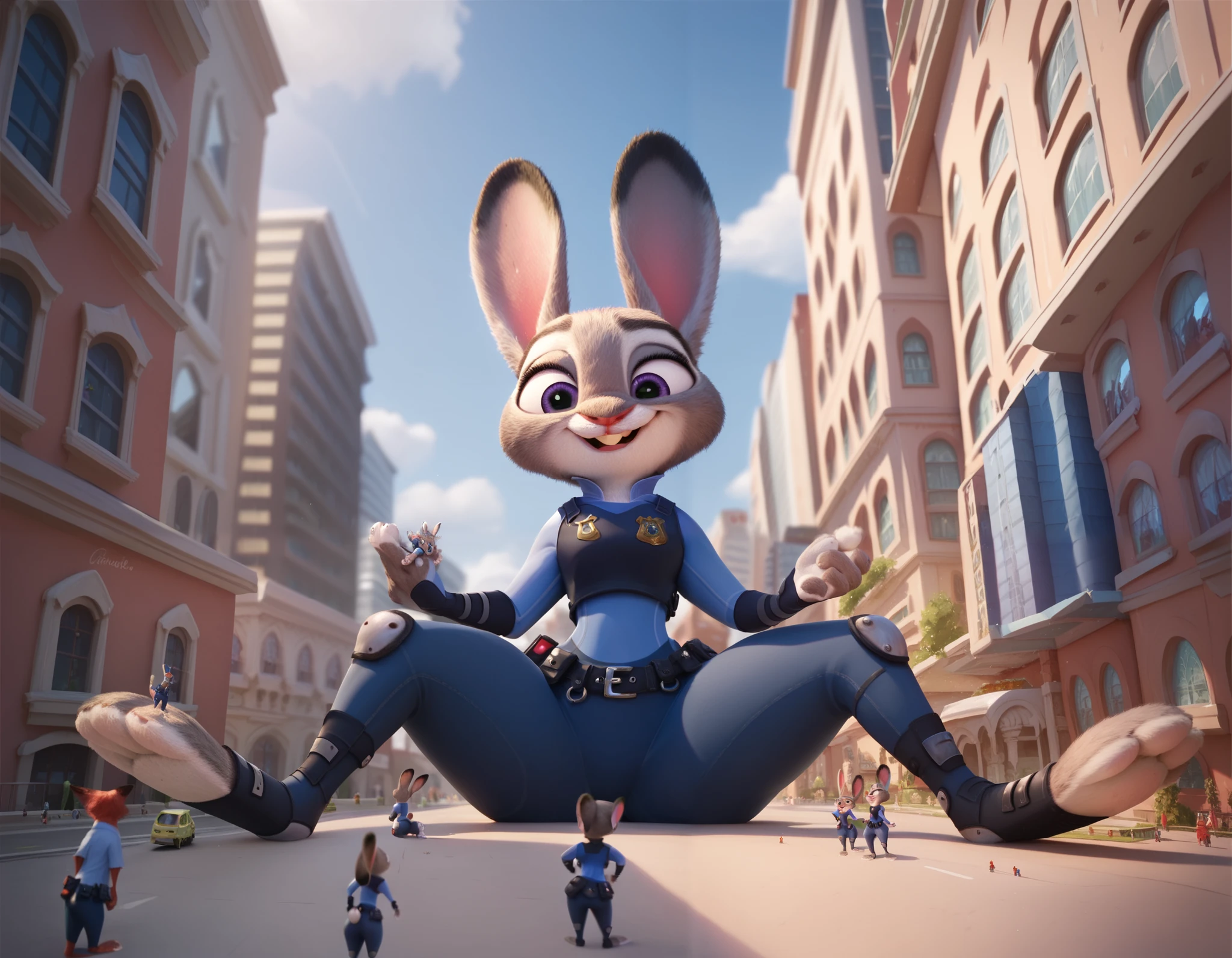 masterpiece, judy hopps, blue fur, Wide hips, on a city, MACRO, police uniform, full body, sitting on a building, pov from ground, spread legs