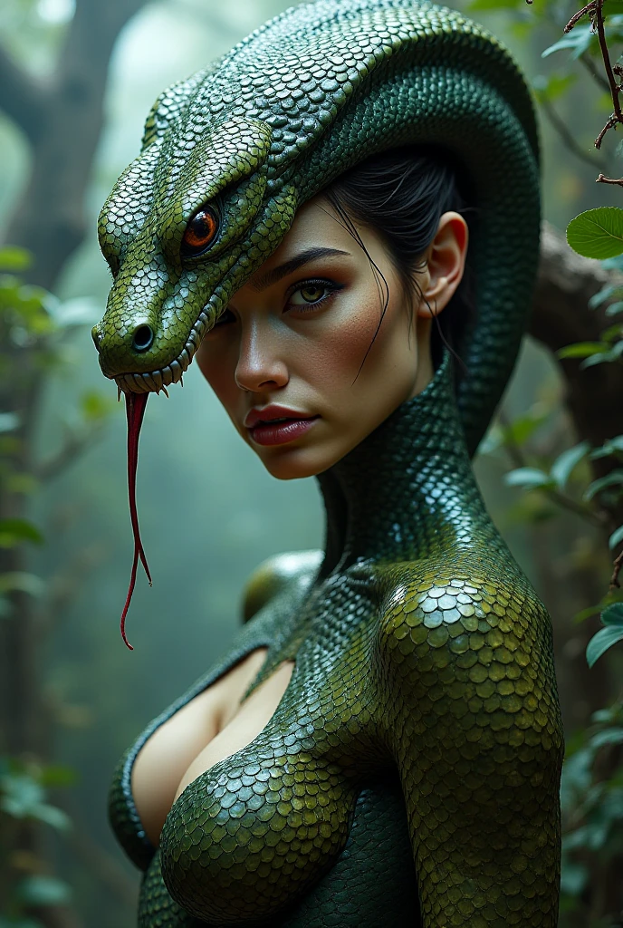A beautiful woman turns into a snake, her eyes become sharp, her fangs become sharp, and her tongue becomes like a snake. Draw her whole body. Her pupils are yellow. There is no snake on her head, but her clothes look like a snake.