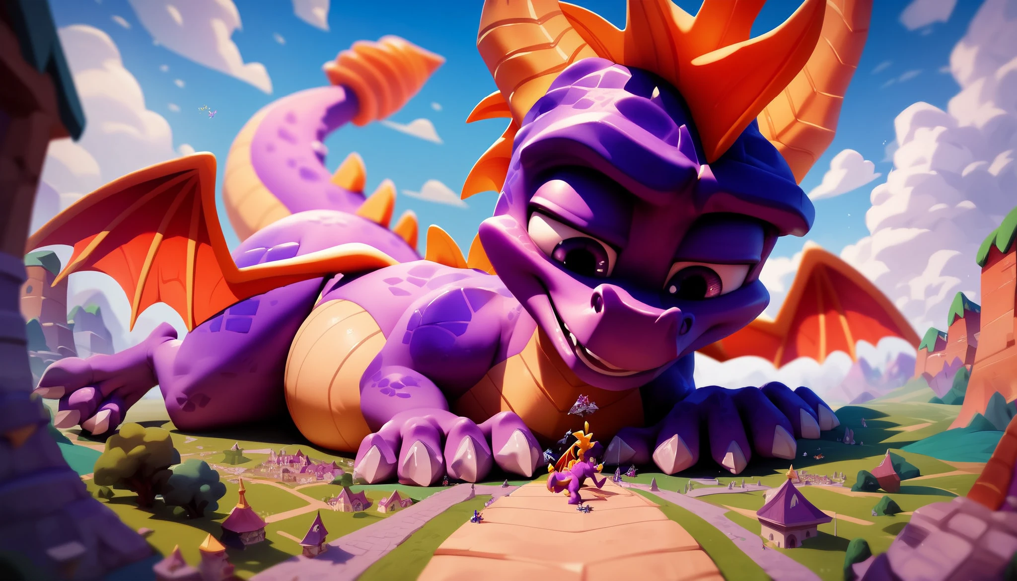 Spyro, macro, open mouth, full body, fang, no humans, standing, purple eyes, checkered floor, back, ((thick tail bottom)), vore