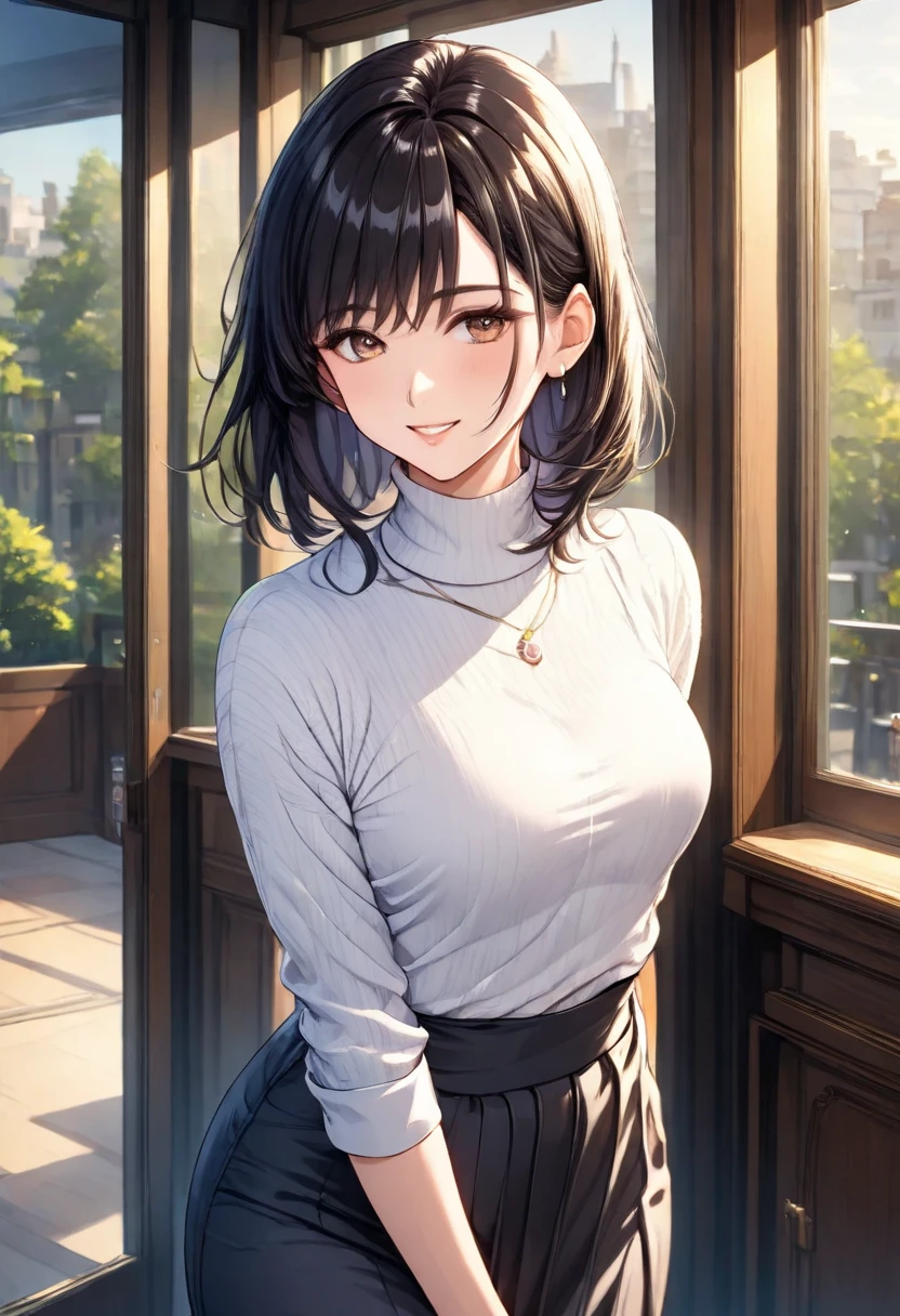 (masterpiece:1.3, Highest quality, Ultra-high resolution, Super detailed), (Realistic, photoRealistic:1.4), Beautiful illustrations, Perfect lighting, colorful, Depth of written boundary,
Beautiful detailed hair, Beautifully detailed face, Beautiful fine details, Droopy eyes、Beautiful clavicle, Beautiful body, 美しいLarge Breasts, Beautiful thighs, Beautiful feet, Beautiful fingers,
View Viewer、Front view:0.6, Beauty1人, Japanese, Beauty、30 years old, Perfect Face, (Perfect Anatomy, Anatomically correct), Cute and symmetrical face, Baby Face, , Shiny skin,
((Warm-colored turtleneck sweater:1.4)),((Long skirt 1.5))
(Black Hair, ponytail:1.4), braided bangs、Dark brown eyes, Droopy eyes、(Large Breasts), Slim body,
necklace, (Small earrings:1.3),
(Beautiful views), (night), (city, cityscape in the distance), Sitting on a bench, A soft smile、(Smile, Lips parted),