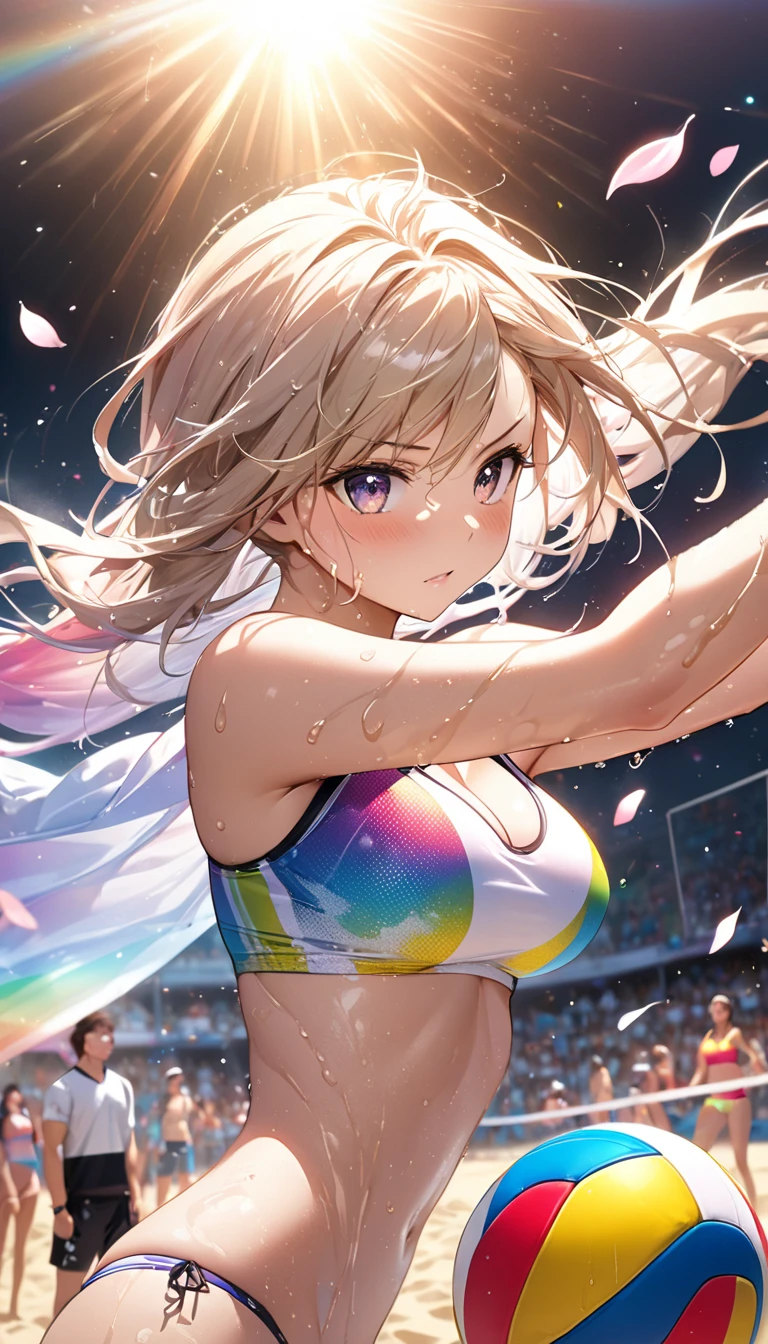 (Sports magazine cover photo), Highest quality, Great quality, 16K, Unbelievably absurd, Very detailed, delicate and dynamic, Natural light, The particles reflect light, Diffuse reflection of light, Many rainbow-colored petals fall, Beautiful sandy beach, Sparkling Sun, Diffuse reflection of light, Create amazing image effects, , Wet, sweating, Beach Volleyball, receive, (Cute sexy girl, big bouncing busts, Sensual expression, Cool girl, Serious, passion, Dynamic, Flashy swimsuit, ,audience , much-air-laden cheer)