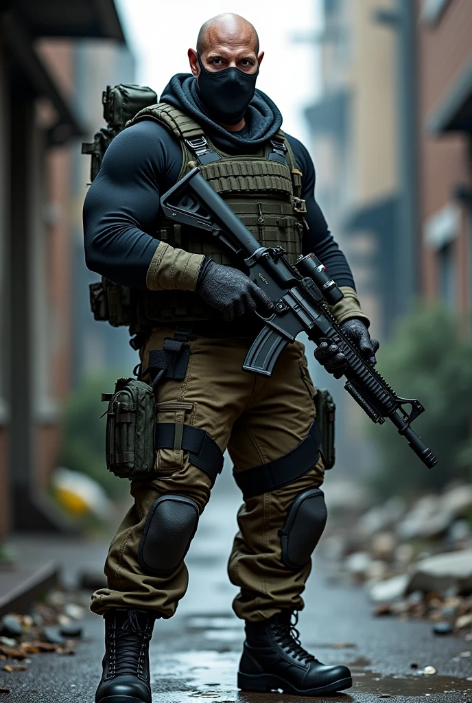 Photorealistic, high resolution, 1 malay woman in hijab, Solo, Hips up, Snow background,view the viewer, (Detailed face), White hijab, SWAT vests, sniper rifle handle, Black military uniform, bulletproof vest, Holding an assault rifle, M16, Inside the city, Very detailed, Perfect face, Black eye, jewelry