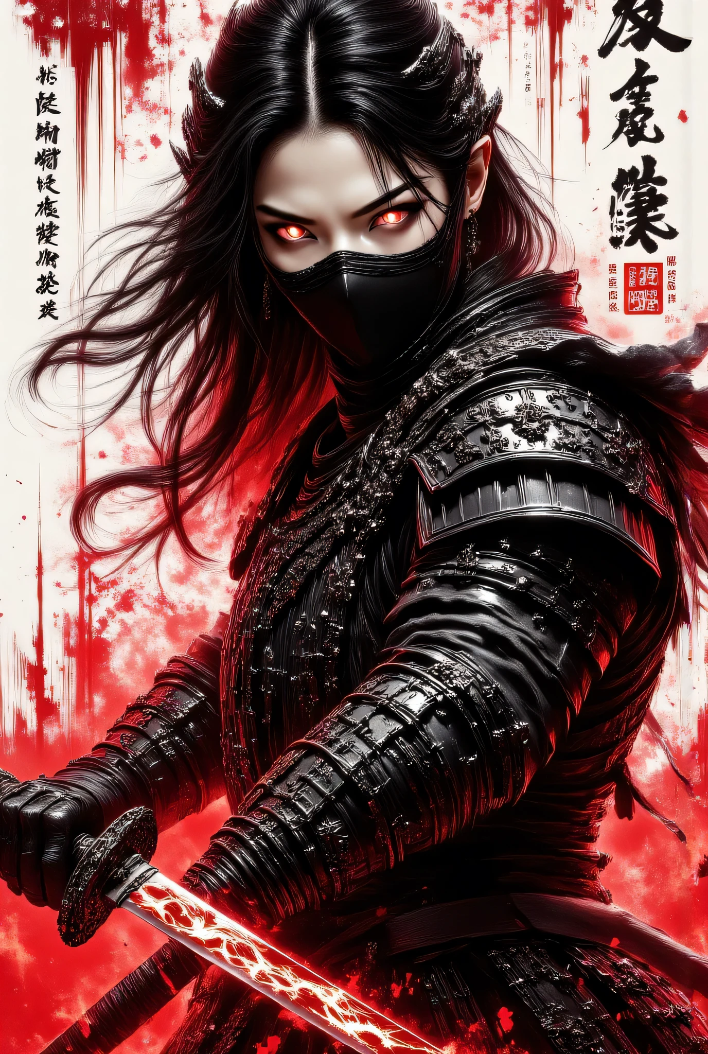 score_9, score_8_up, score_7_up, darkly designed, shadows, splash art, ink bamboo paper, breathtaking detailed, masterpiece, spectacular, resplendent, marvelously, breathtaking Asian woman very, long hair, mouth veil, assassin, black robes, weapons, katana, red spatterd background, silhouetted, light hitting face, hkstyle, fantasy, in a faded smudged brush strokes calligraphy ink style, with chinese text,