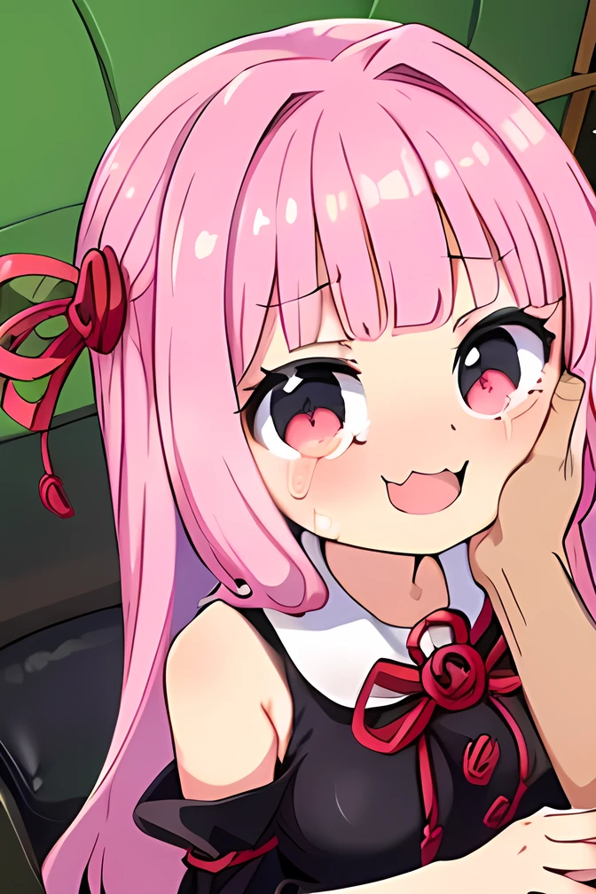 (hand on another's cheek:1.5),kotonoha akane,((hanging eye)),Small eyes,red eyes, iris,(A single fang),round face,hair ribbon,long hair,pink hair,(((big breast))),(chubby),(((black dress:1.5))), detached sleeves, wide sleeves, bare shoulders ,(c(Kamigami))),(blush),crying,((happy)),Grab my hand,((smile)),indoors,living room,upper body,((angle from above)),((face staring at a photo)),